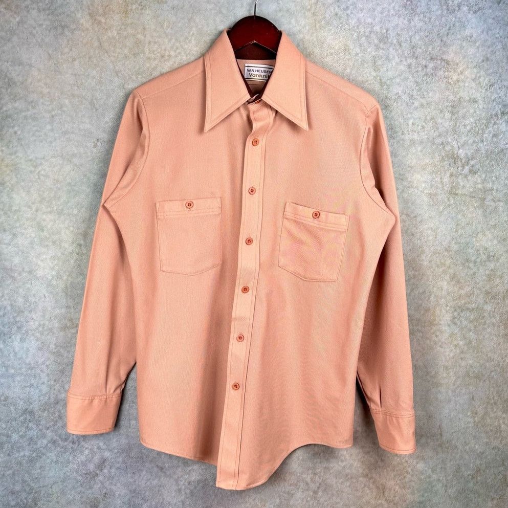 Van Heusen × Vintage VTG 80s Van Heusen Button Up Shirt Sz L Tan VanKnit Plain Size US L / EU 52-54 / 3 - 1 Thumbnail