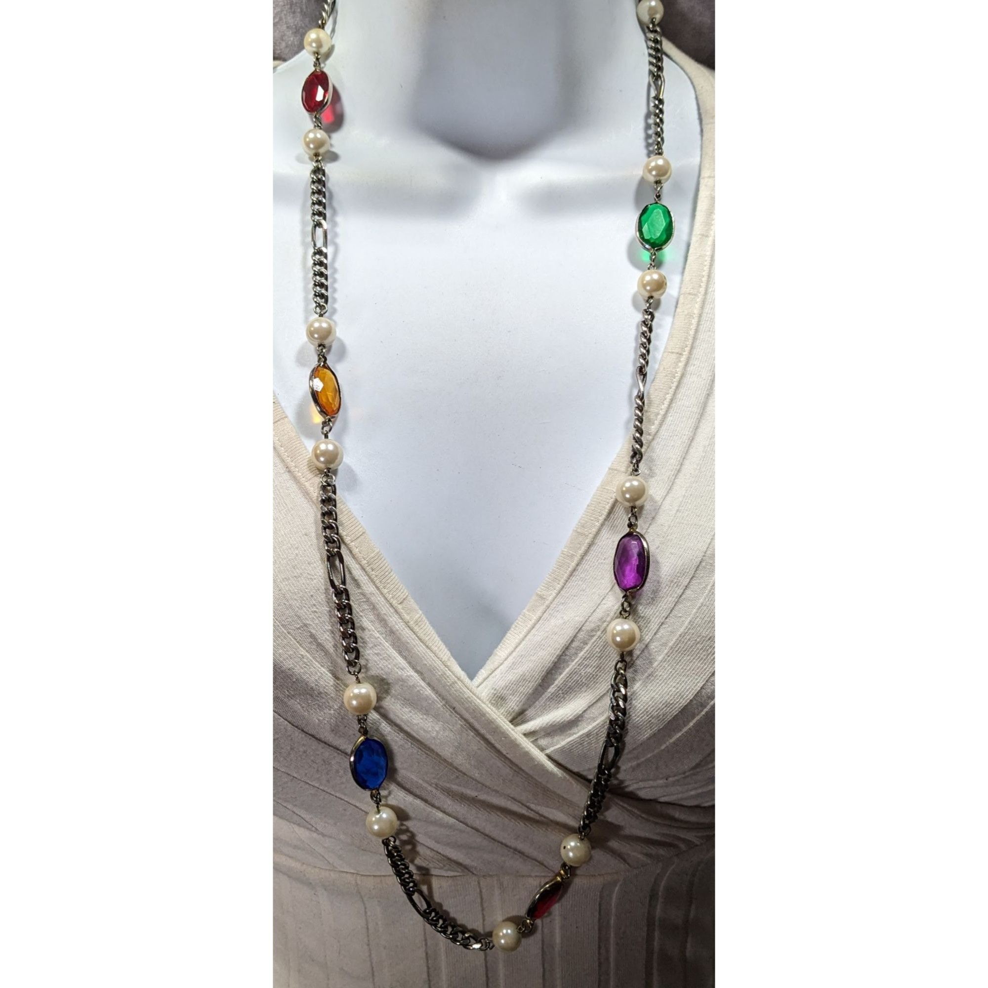 Other Vintage Faux Pearl And Rainbow Gem Station Necklace On Silve Size ONE SIZE - 2 Thumbnail