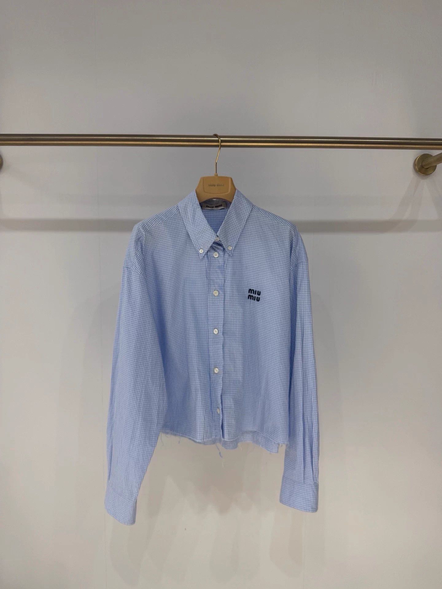 Miu Miu MIU MIU Women's Light Blue Check Logo Shirt 38 Mint Size S / US 4 / IT 40 - 1 Thumbnail