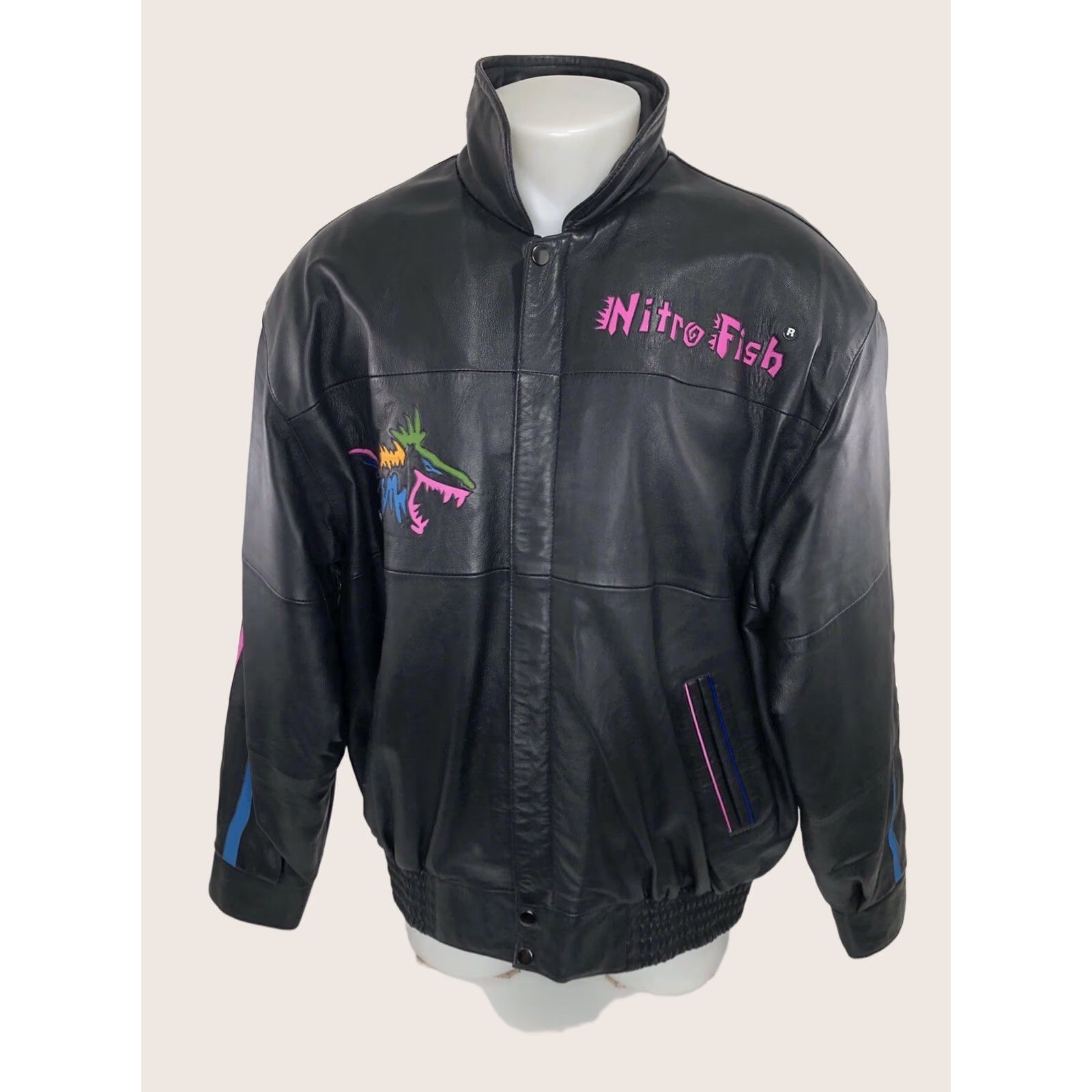 Vintage NITRO FISH Leather Bomber Jacket Mens XL Shoulder Pads Black 90s Fish Theme Vintage EXCELLENT Size US XL / EU 56 / 4 - 1 Thumbnail