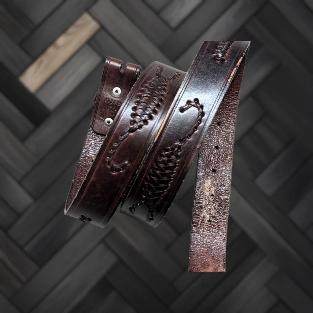 Vintage VINTAGE WESTERN Belt 42 brown BRAIDED leather SCORPION handcrafted buckle tooled Mens Size 42 - 1 Thumbnail