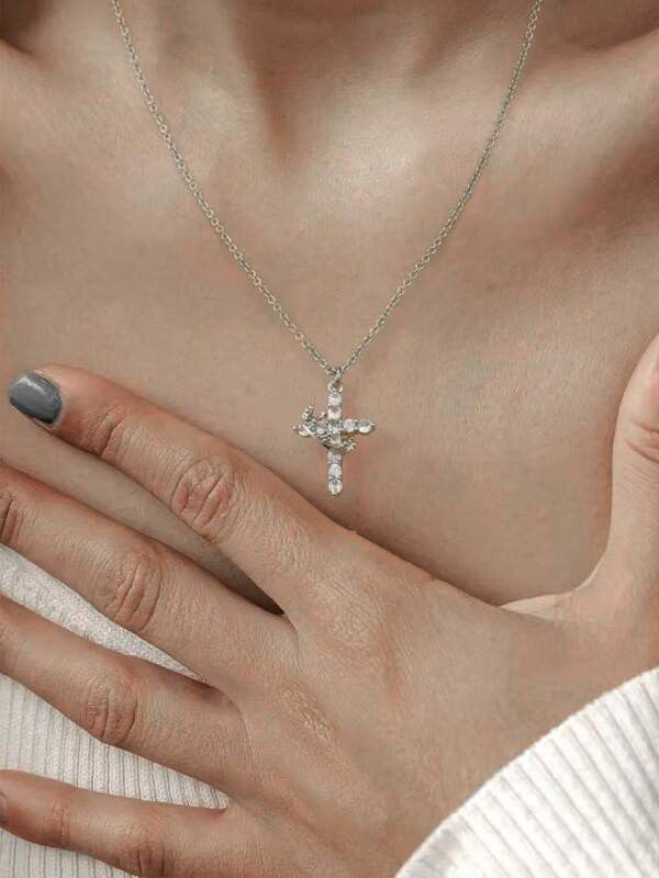 Jewelry x Vintage Cross Rhinestone Crown Y2K Necklace Chain in Silver, Men's
