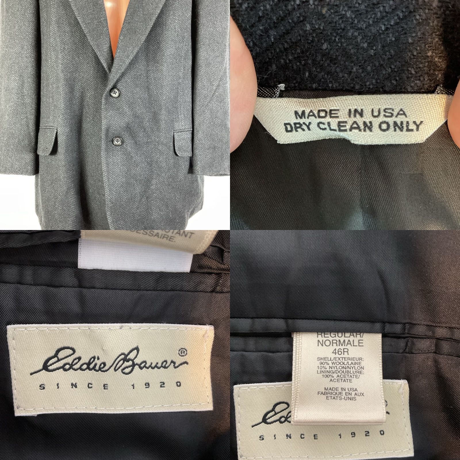 VINTAGE Eddie Bauer Blazer Jacket Men 46 Wool Herringbone Gray 2 Button SPORT COAT USA MADE