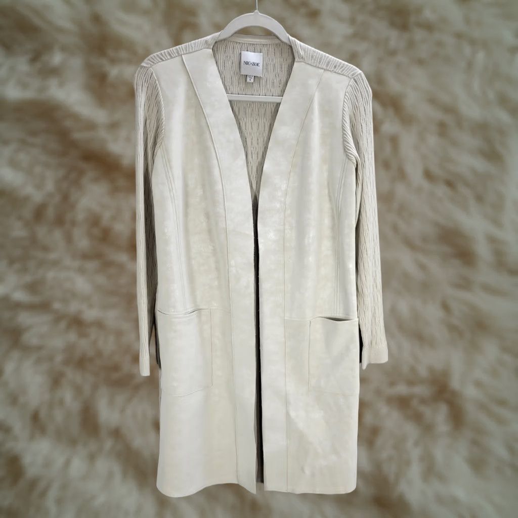 NIC+ZOE Women’s Nic+Zoe Beige Ribbed Faux Leather Long Open Front Cardigan Sz S Size S / US 4 / IT 40 - 1 Thumbnail