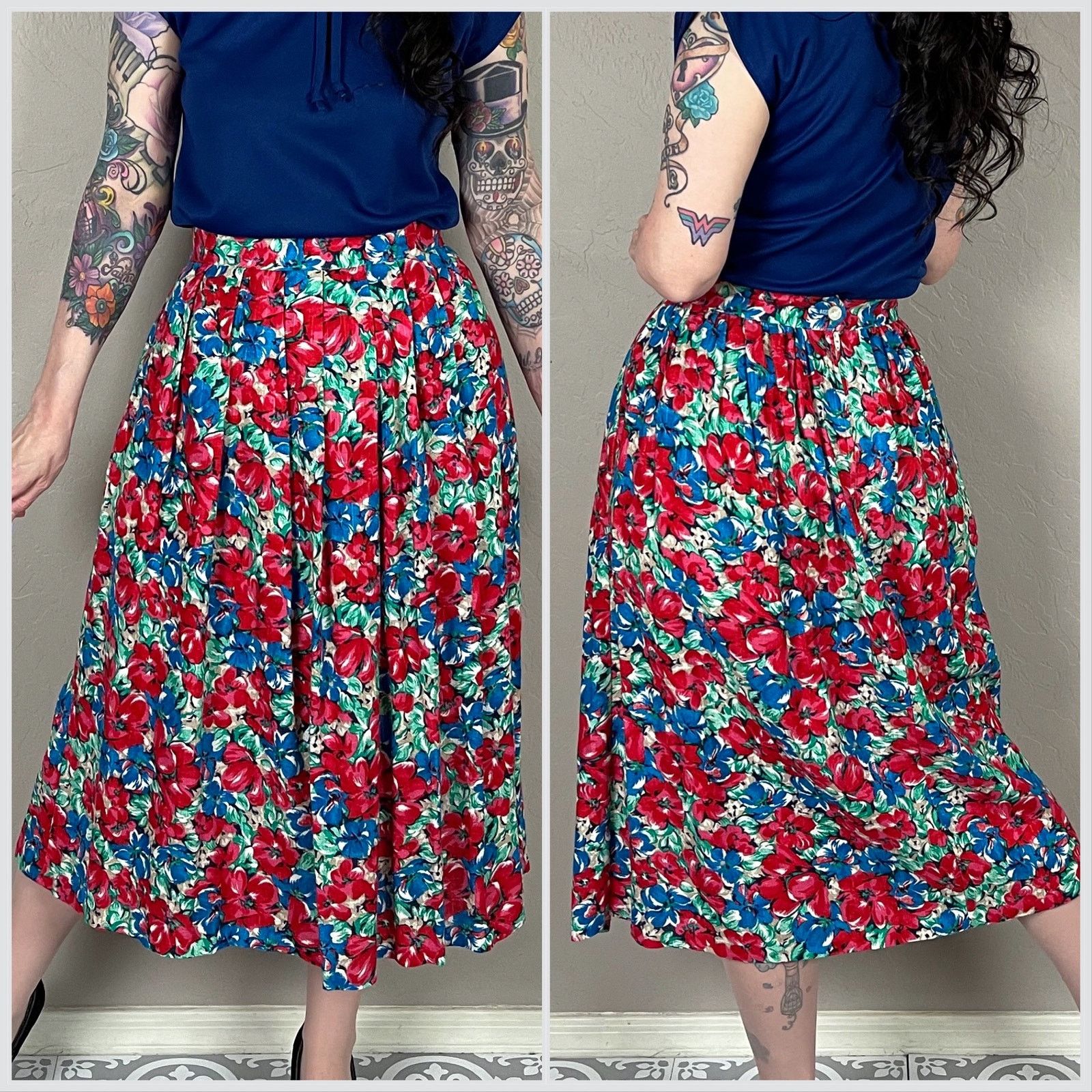 Vintage Vintage 1970s Floral Print Pleated Midi Mom Skirt Size 30" / US 8 / IT 44 - 3 Thumbnail