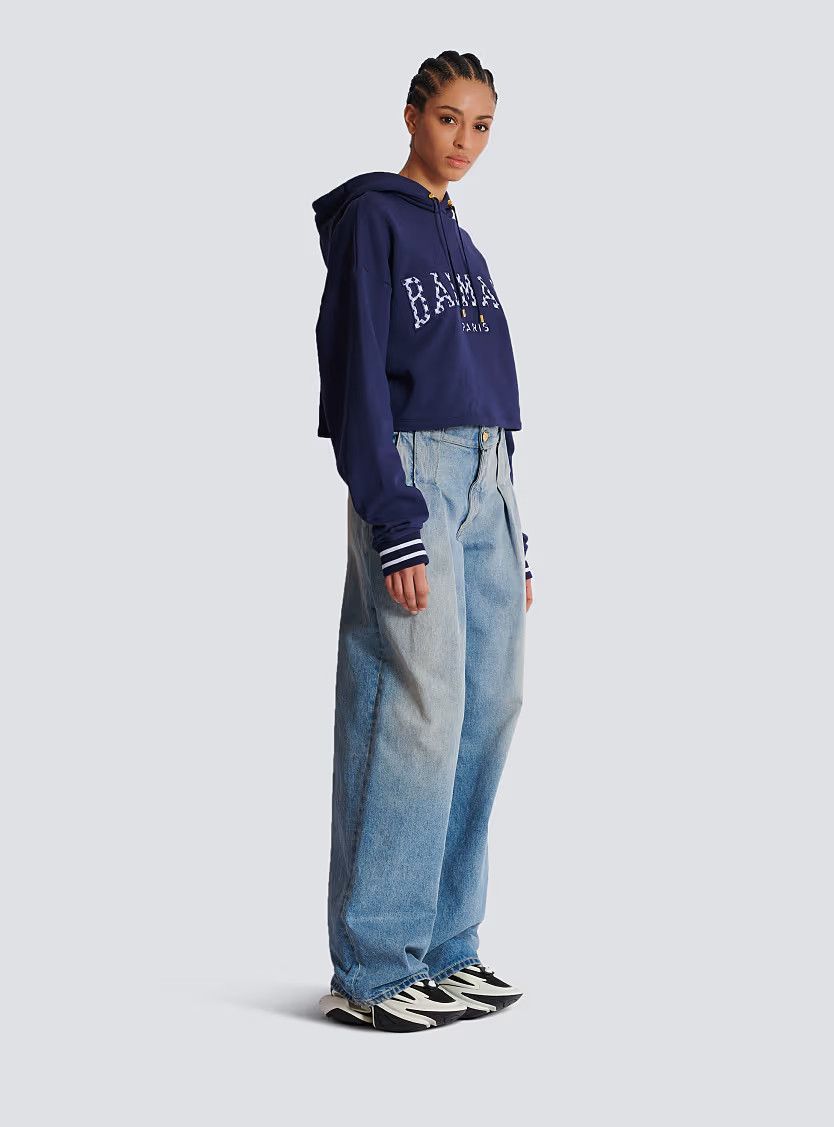 Balmain o1s1wg110825 Gingham Paris Hoodie in Navy Blue Size L / US 10 / IT 46 - 3 Thumbnail