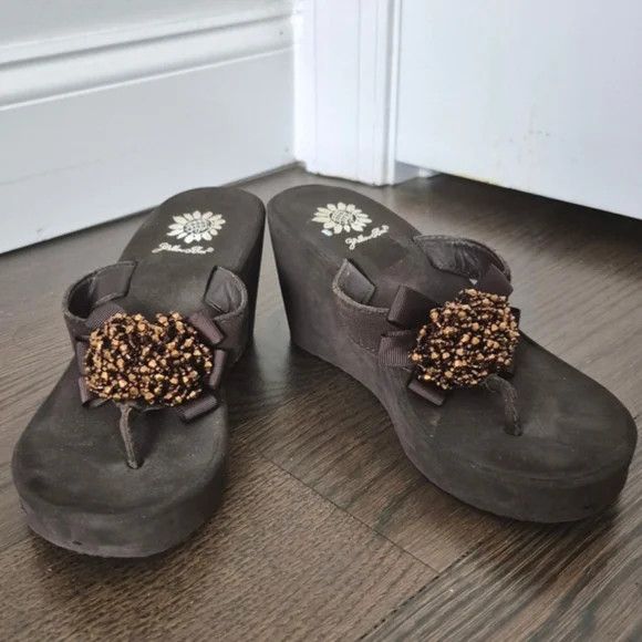 Genuine Leather x Vacation Yellow Box Saffron Leather Floral Embellished Thong Wedge Shoes in Brown, Women's (Size 6)