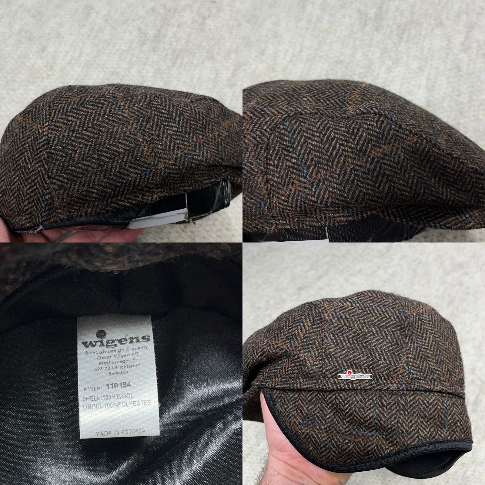 Vintage Wigens Newsboy Hat Cap Mens size 58 Brown Wool Tweed Herringbone Flat Ivy Lined Ear Flap Newsboy Style Outdoor Mens Size ONE SIZE - 8 Thumbnail