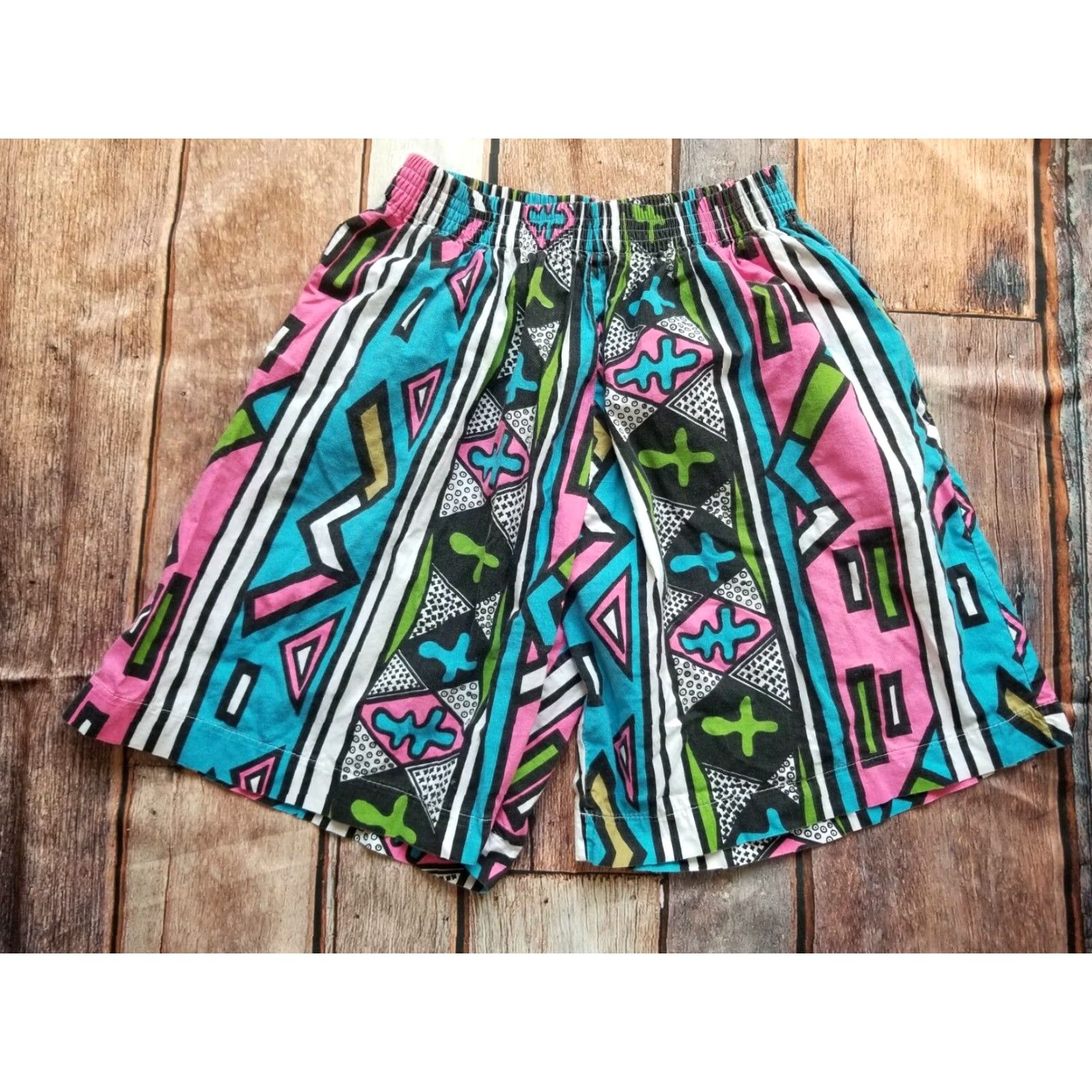 Vintage VINTAGE Bali Moon Neon Geometric Trunks Shorts Tribal Fish Men L Pink 100% Cotton Quick Dry Drawstring Elastic Waist Pockets Lined Size US 33 - 4 Thumbnail