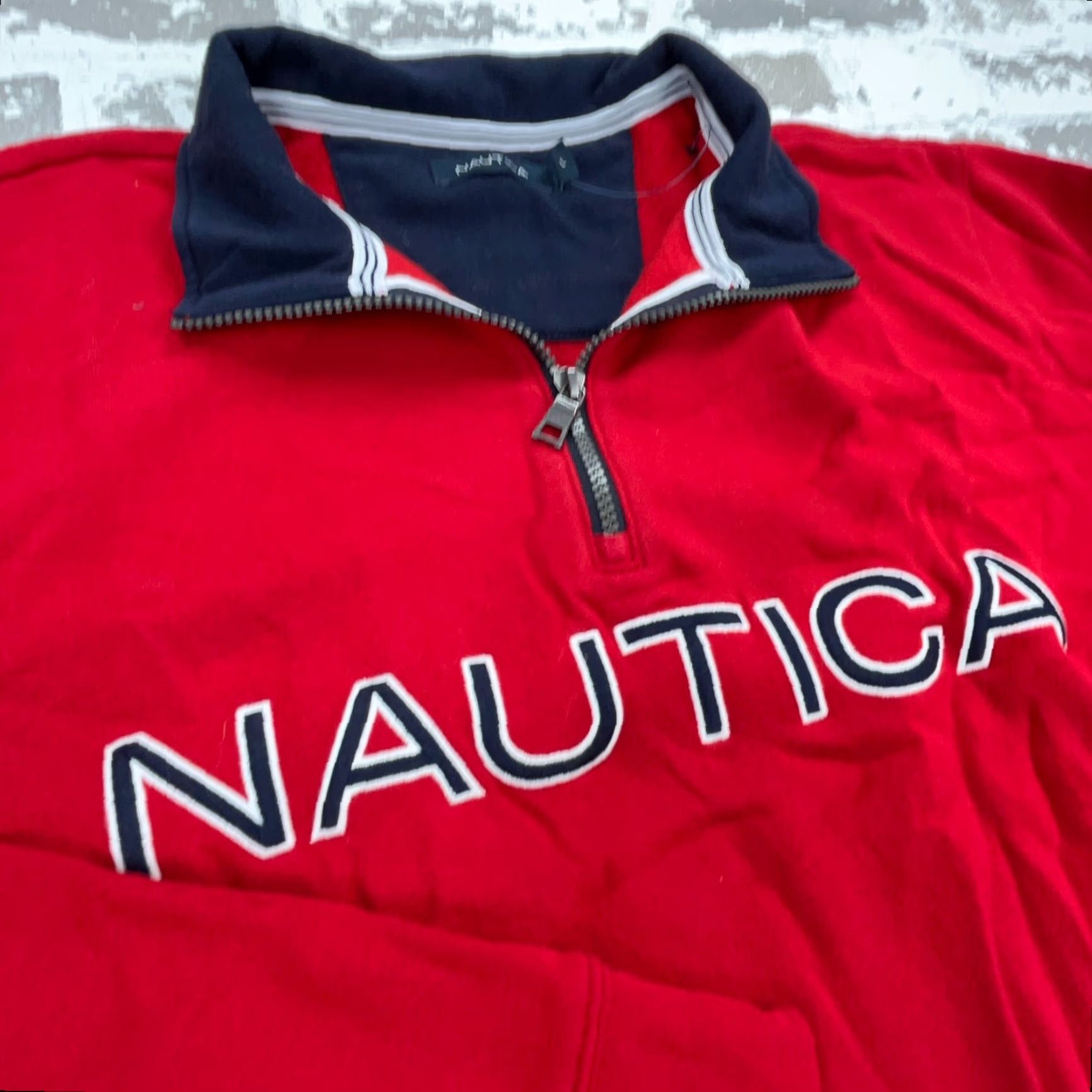 Nautica Nautica Sweatshirt Mens Large Red Blue Pullover 1/4 Zip Logo Graphic Print Mock Neck Zip Modern Nautical Preppy Classic Size US L / EU 52-54 / 3 - 4 Thumbnail