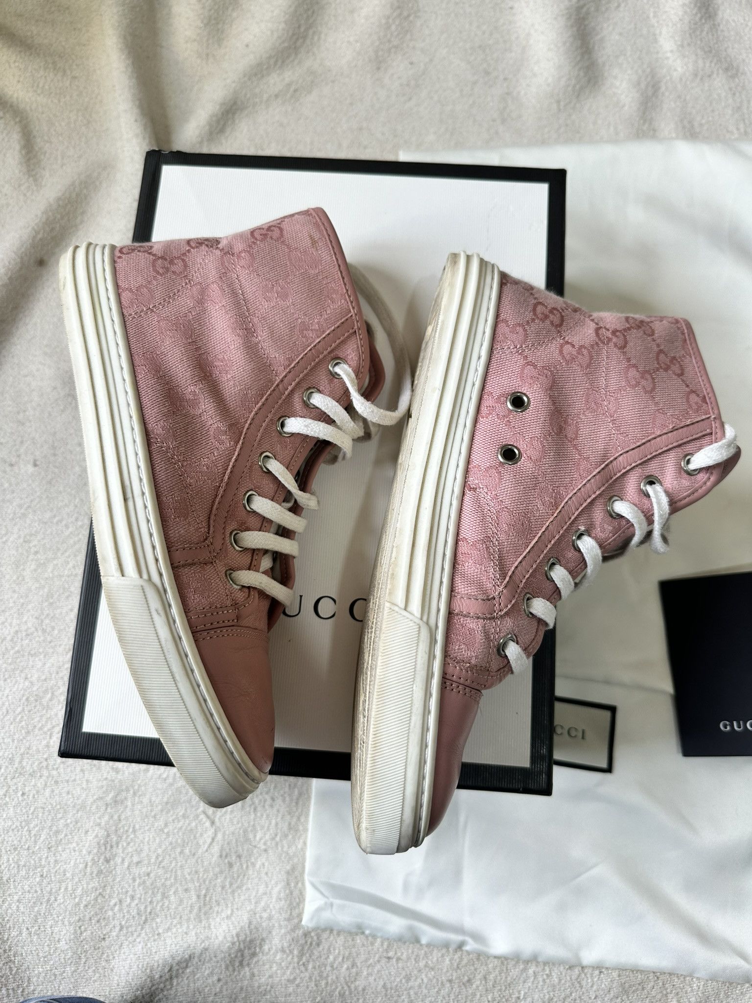 Gucci Gucci High-top Sneakers Pink Canvas and Leather Monogram Size US 6 / IT 36 - 5 Thumbnail
