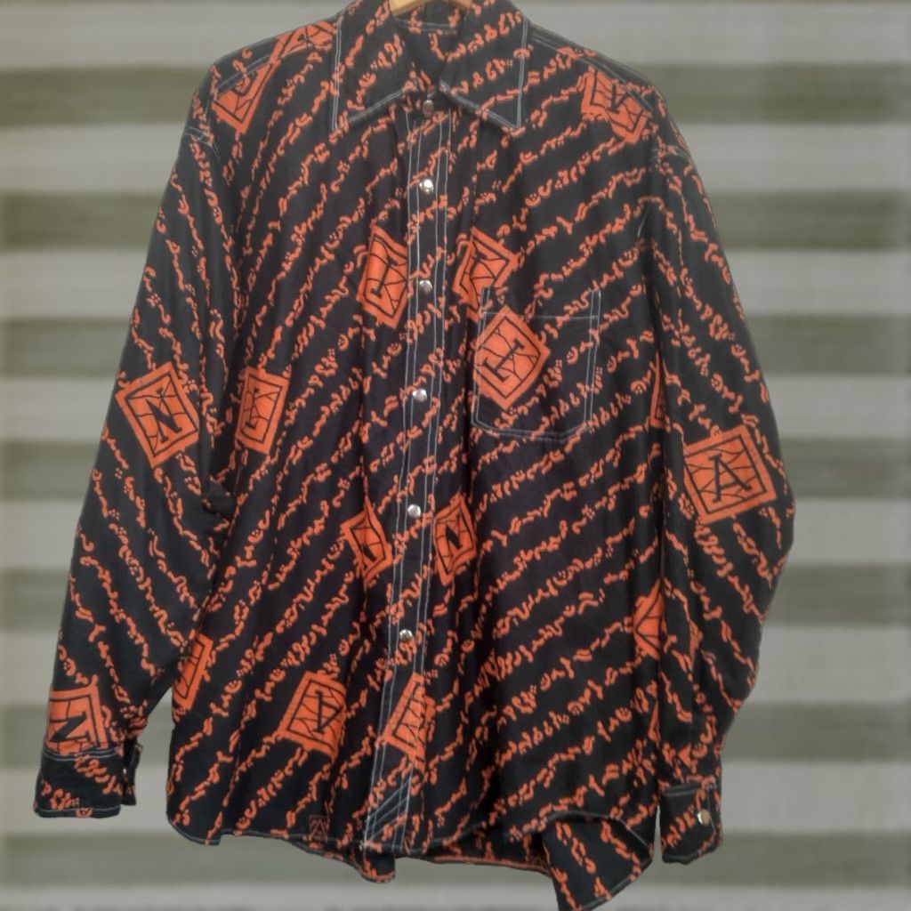 MadeMe VINTAGE Homemade African Tribal Print Shirt Men XL Black Orange Long Sleeve Snap Collar Size US XL / EU 56 / 4 - 1 Thumbnail