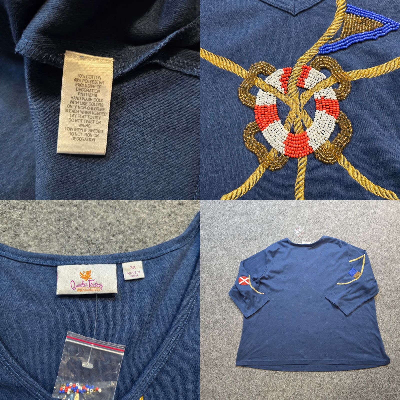Quacker Factory Quacker Factory Top Women 3X Blue Anchors Embroidered Nautical Classic Casual Blouse | Plus Size Knit Cotton 3/4 Sleeve Round Neck Pullover Womens Size XXL / US 16-18 / IT 52-54 - 8 Thumbnail