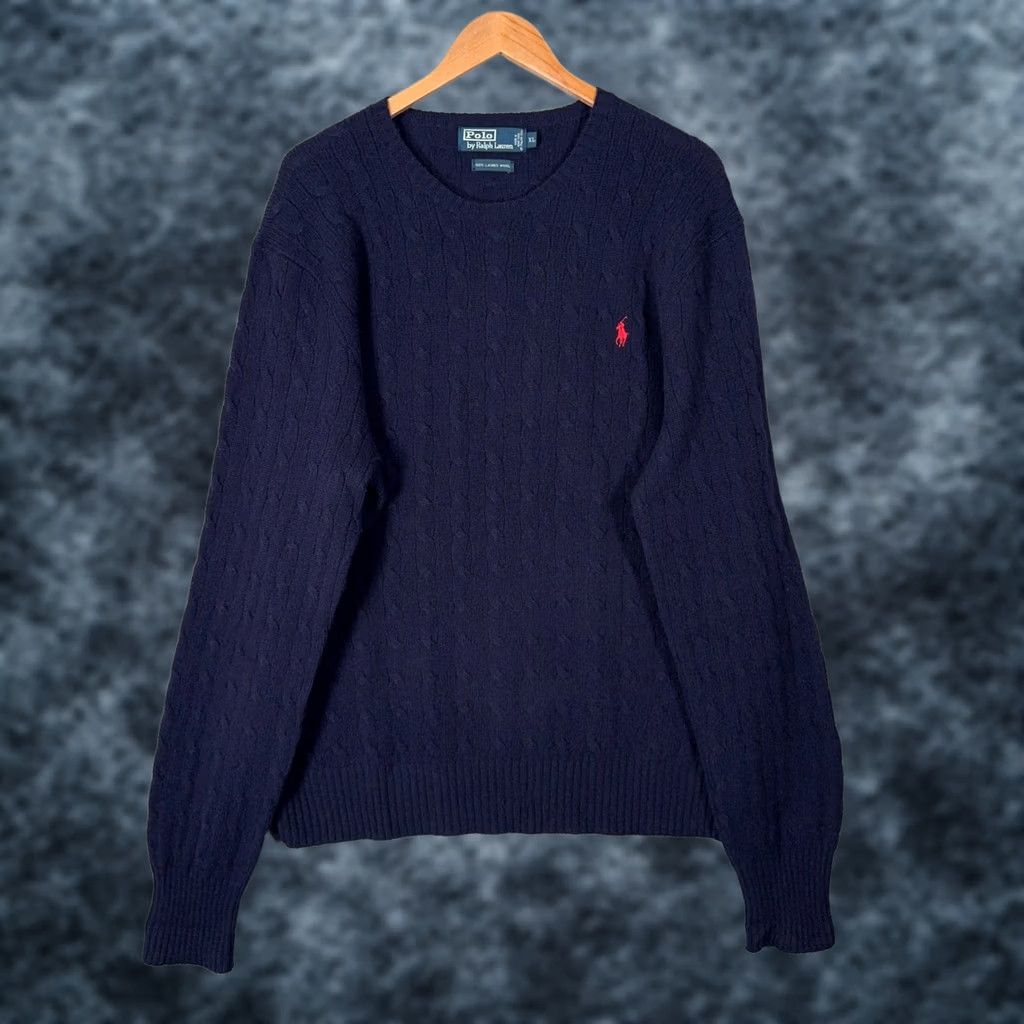 Polo Ralph Lauren VINTAGE Polo Ralph Lauren Cable Knit Wool Sweater Mens XL Navy Blue 90s Polo Ralph Lauren Mens XL Navy Lambswool Cable-Knit Pullover Crew Neck Logo Size US XL / EU 56 / 4 - 1 Thumbnail
