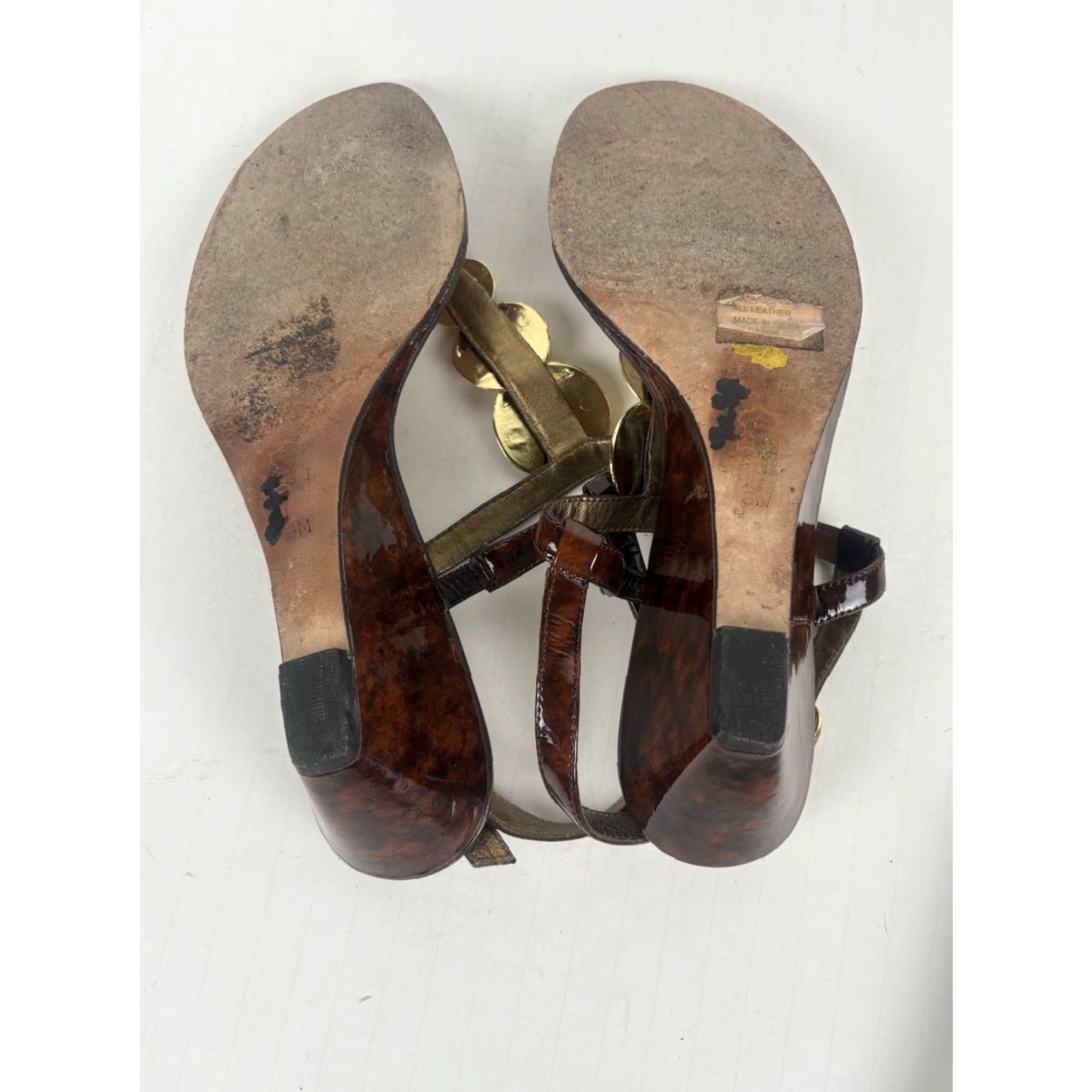 Saks Fifth Avenue Saks Fifth Avenue Leather Wedge Sandals Womens Size 8M Brown Glossy Strappy Spring Summer Size US 8 / IT 38 - 6 Thumbnail
