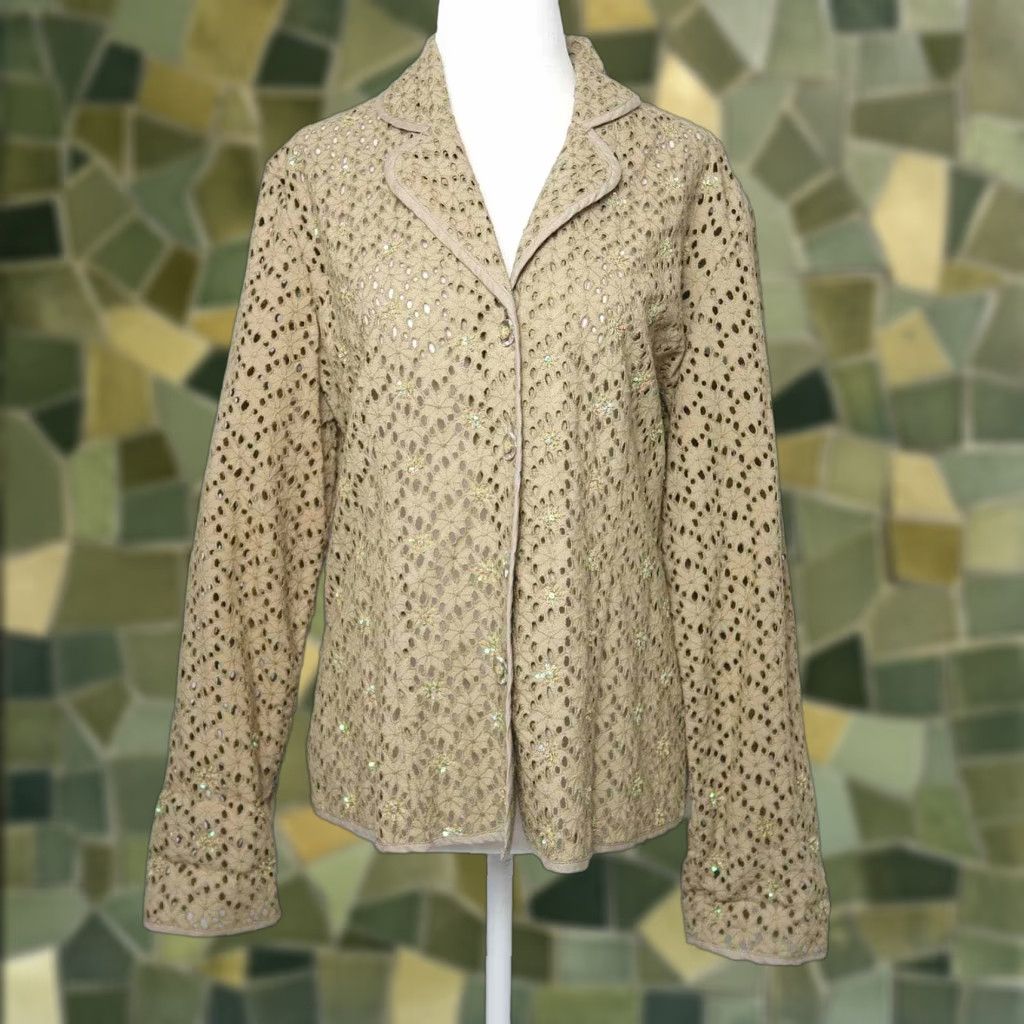 VINTAGE Yak Magik 90s tan crochet eyelet cutout sequin blazer jacket M Cotton Party