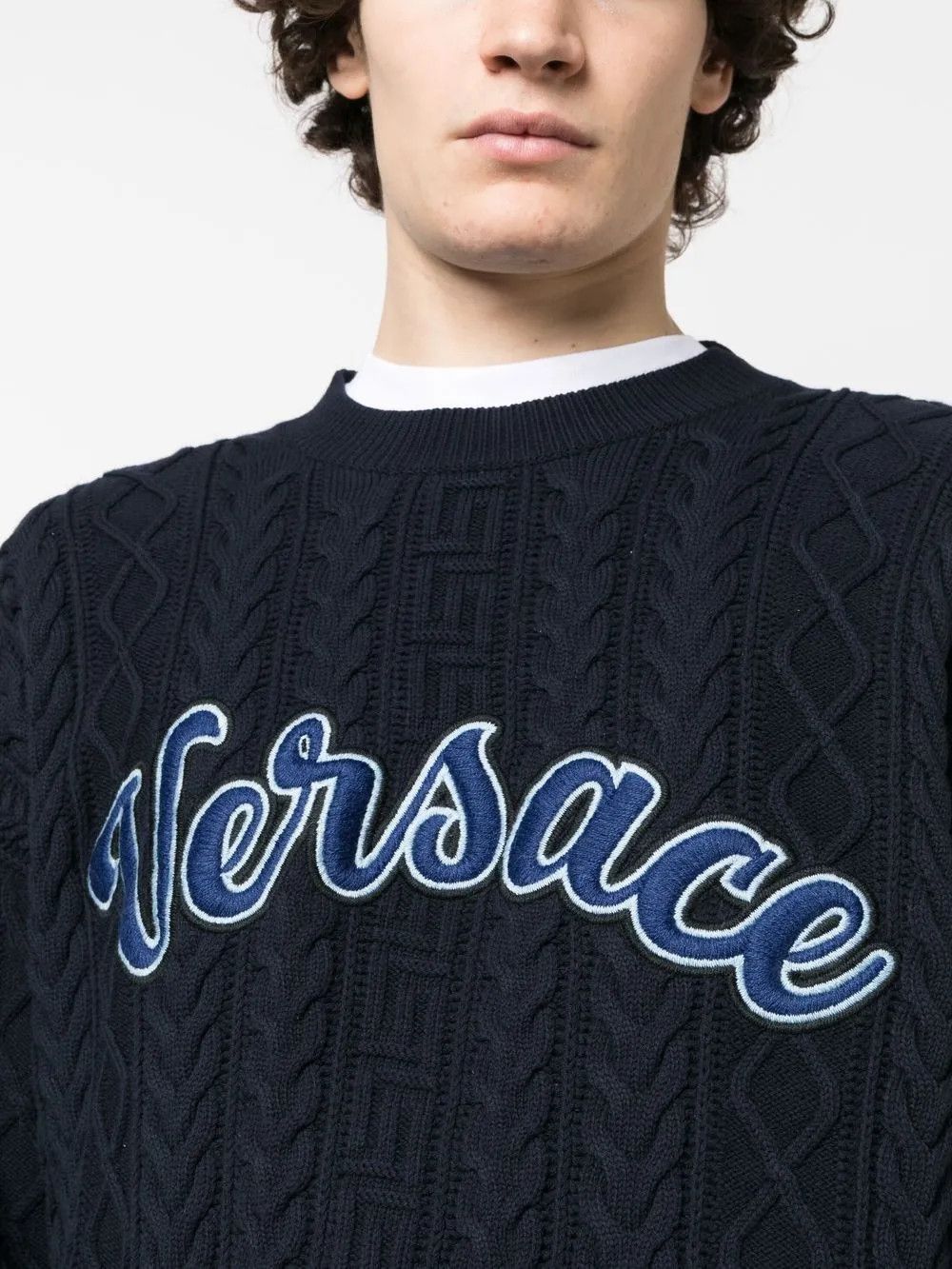 Versace o1y0525 Logo Crewneck Sweater in Midnight Blue Size US M / EU 48-50 / 2 - 2 Thumbnail