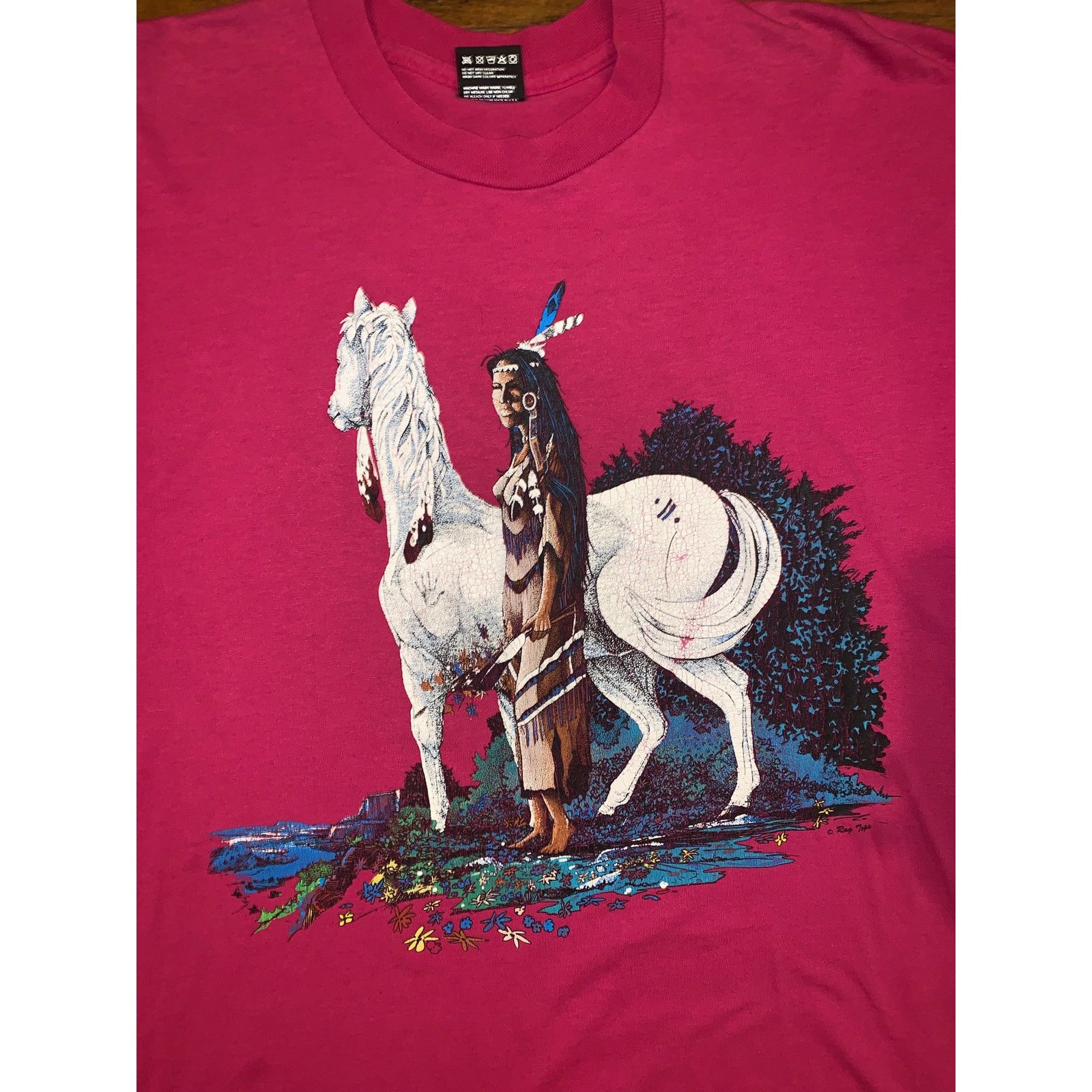 Fruit Of The Loom × Other × Vintage 90s Native American Horse T Shirt Pink Single Stitch L USA Size US XL / EU 56 / 4 - 3 Thumbnail