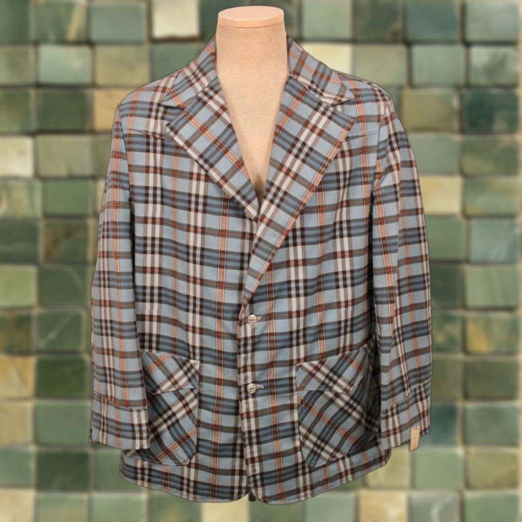 Vintage VTG 1970s Blazer / Jacket Mens Large 44 Blue Plaid Cotton Polyester NOS Western Blazer / Jacket 70s Mens Size 44R - 1 Thumbnail