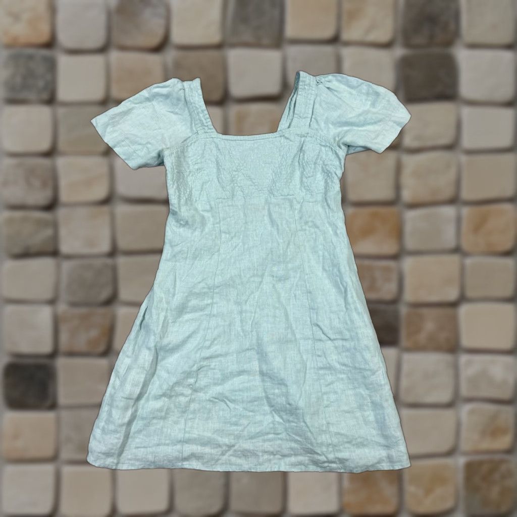Madewell Dress Blouson Shirt Womens 2 Blue Linen Short Sleeve Square Neck  Pullover Casual Spring Summer