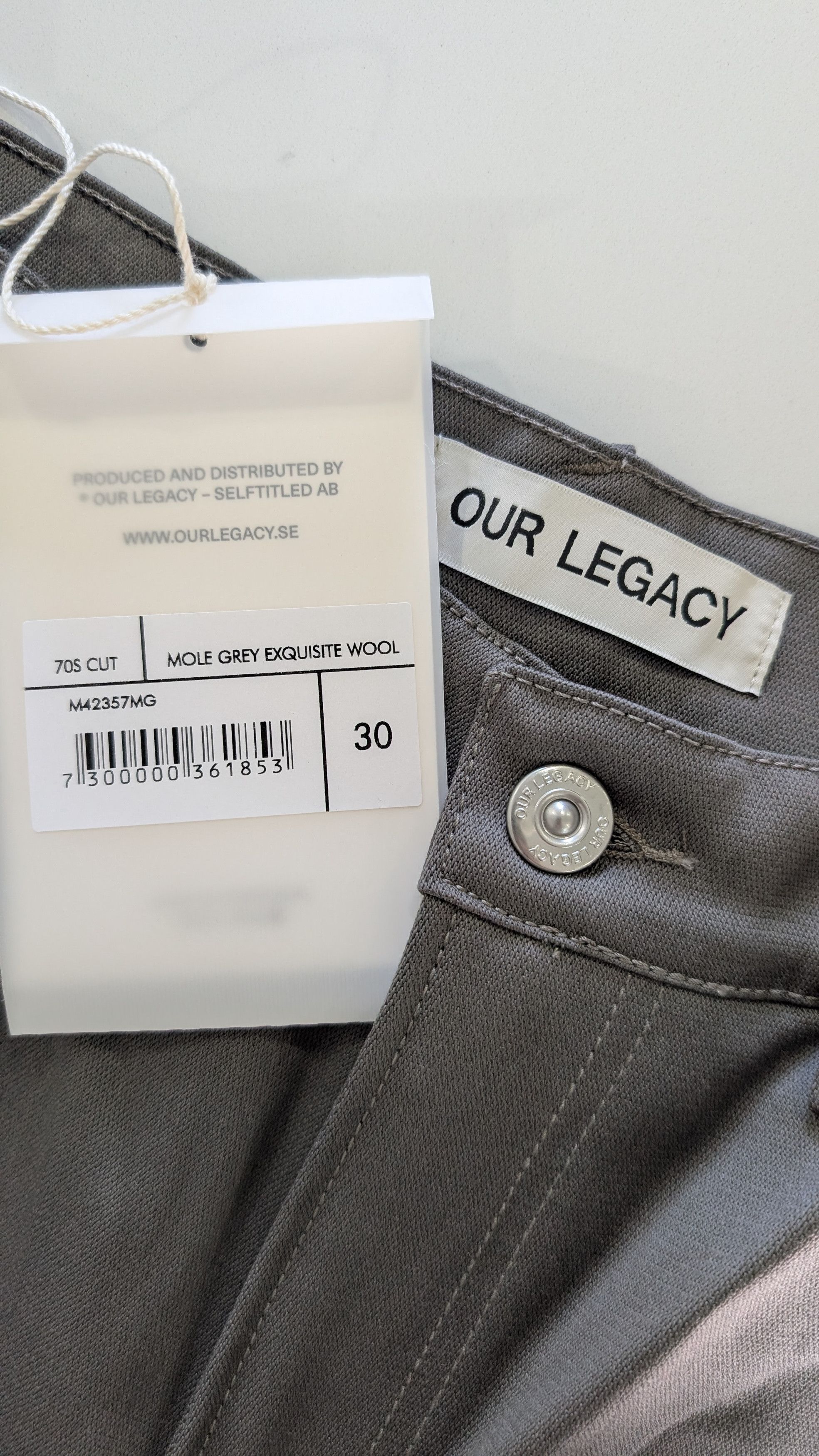 OUR LEGACY 70s Cut Mole Grey Exquisite Wool Trousers 30