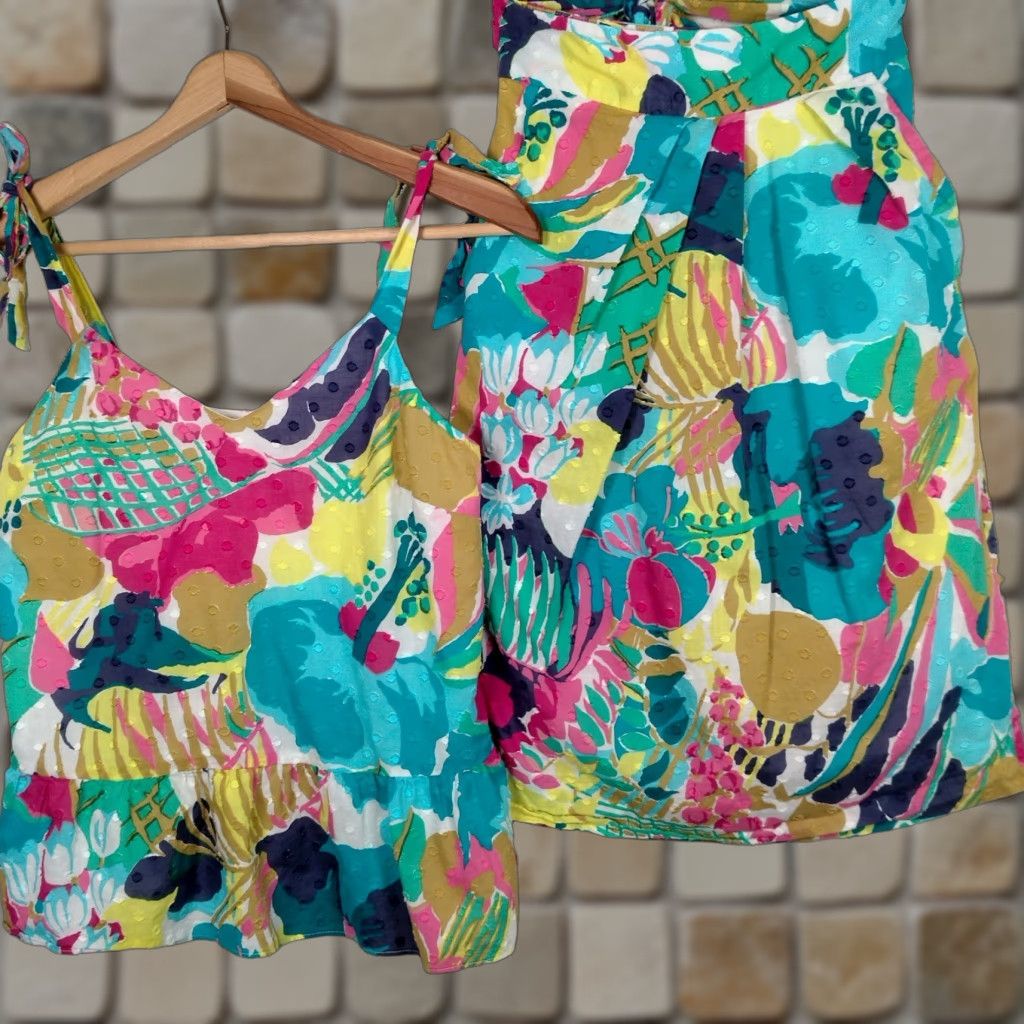 Pinko VINTAGE J Crew Floral Pleated Skirt Set Womens 0P Petite Cotton Satin Beach Summer Outfit Size 25" / US 0 / IT 36 - 1 Thumbnail