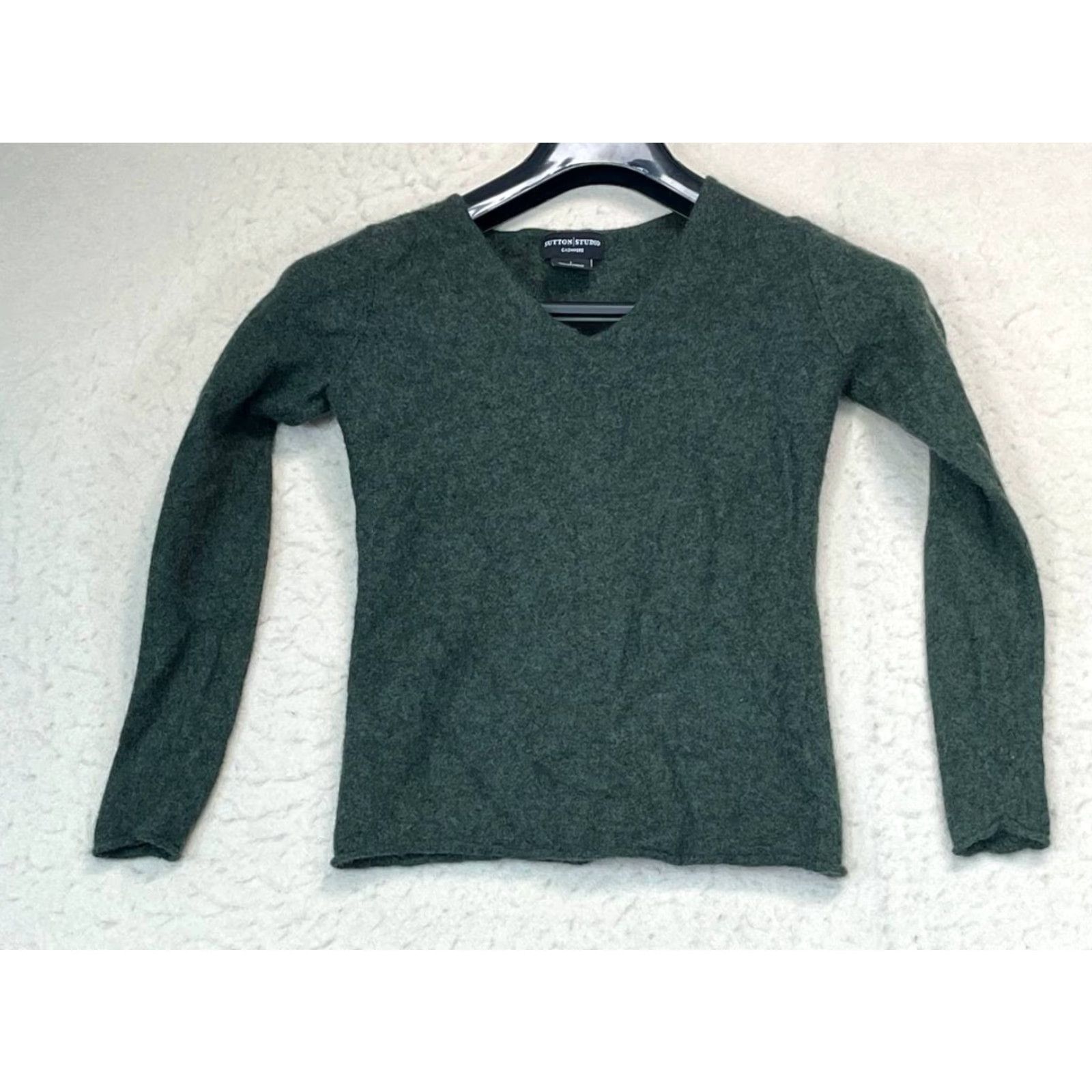Vintage Sutton Studio Women’s Sweater V-Neck Cashmere XS-S Dark Olive Green Pullover Size XS / US 0-2 / IT 36-38 - 2 Thumbnail