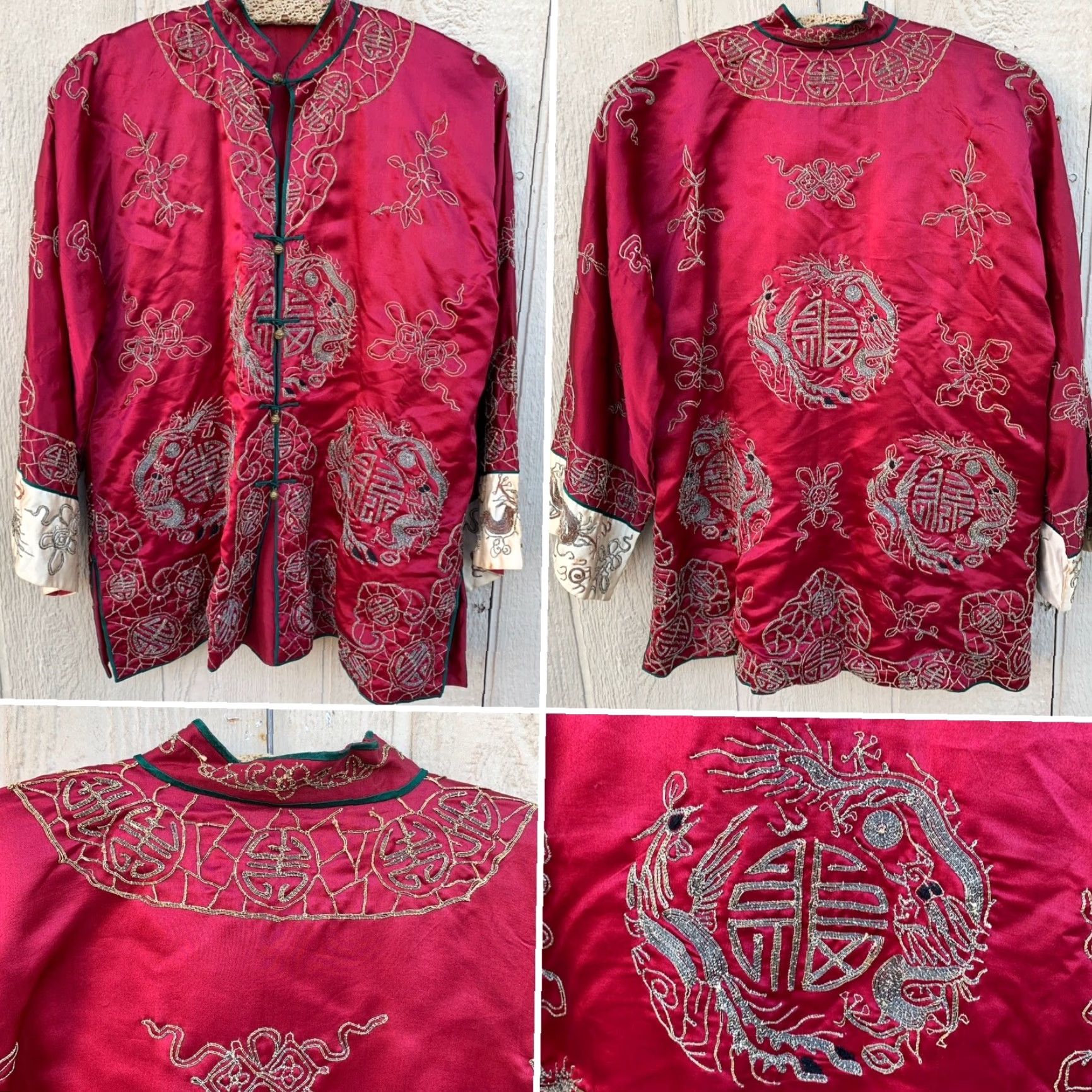 Vintage Vtg Chinese Silk Embroidered Dragon Longevity Shou Jacket Robe Mandarin Collar Jacket/string? Size ONE SIZE - 3 Thumbnail