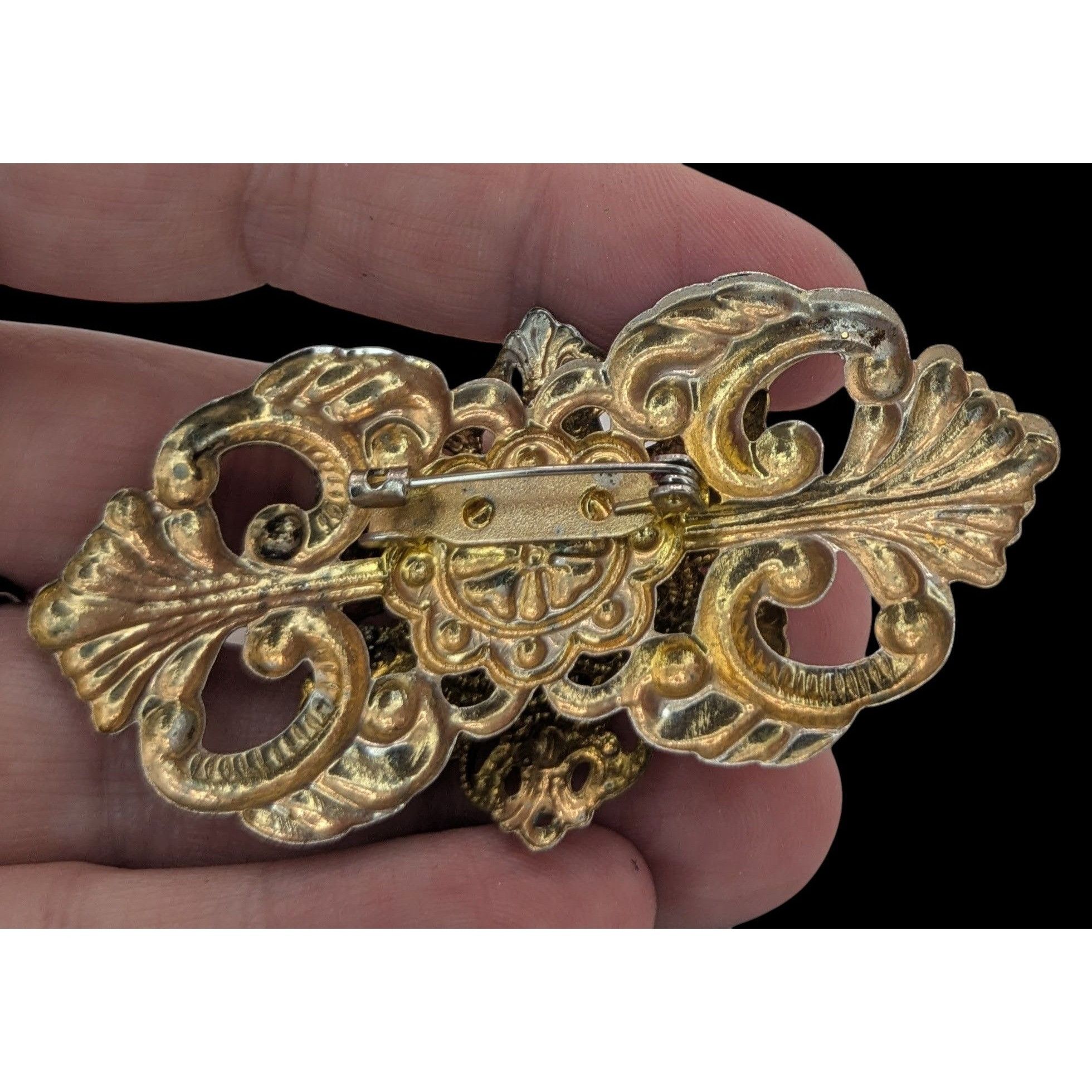 Handmade Vintage Victorian Style Gold Tone Brooch With Crystal Rhines Size ONE SIZE - 4 Thumbnail