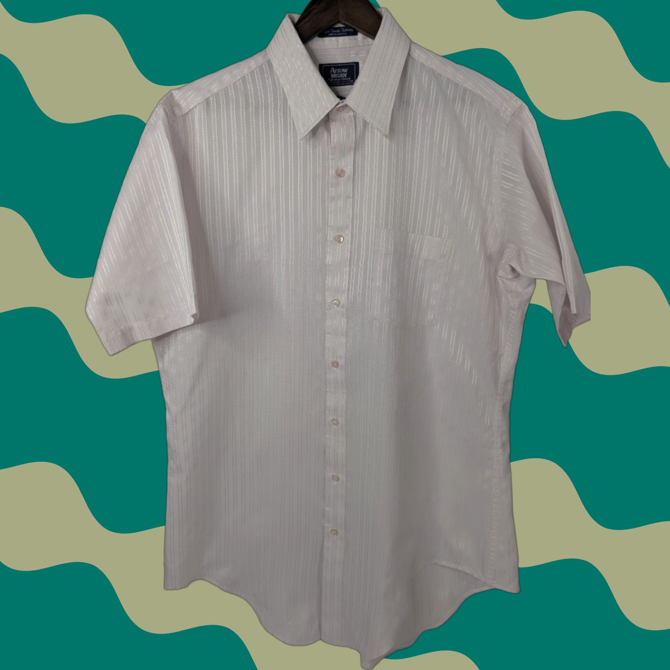 Arrow Arrow Brigade Mens Dress Shirt Striped Slim 17 Tall Short Sleeve Button-Down Collared USA Made Light Rose Pink Adult Men Shirt Negocios Size 46R - 1 Thumbnail