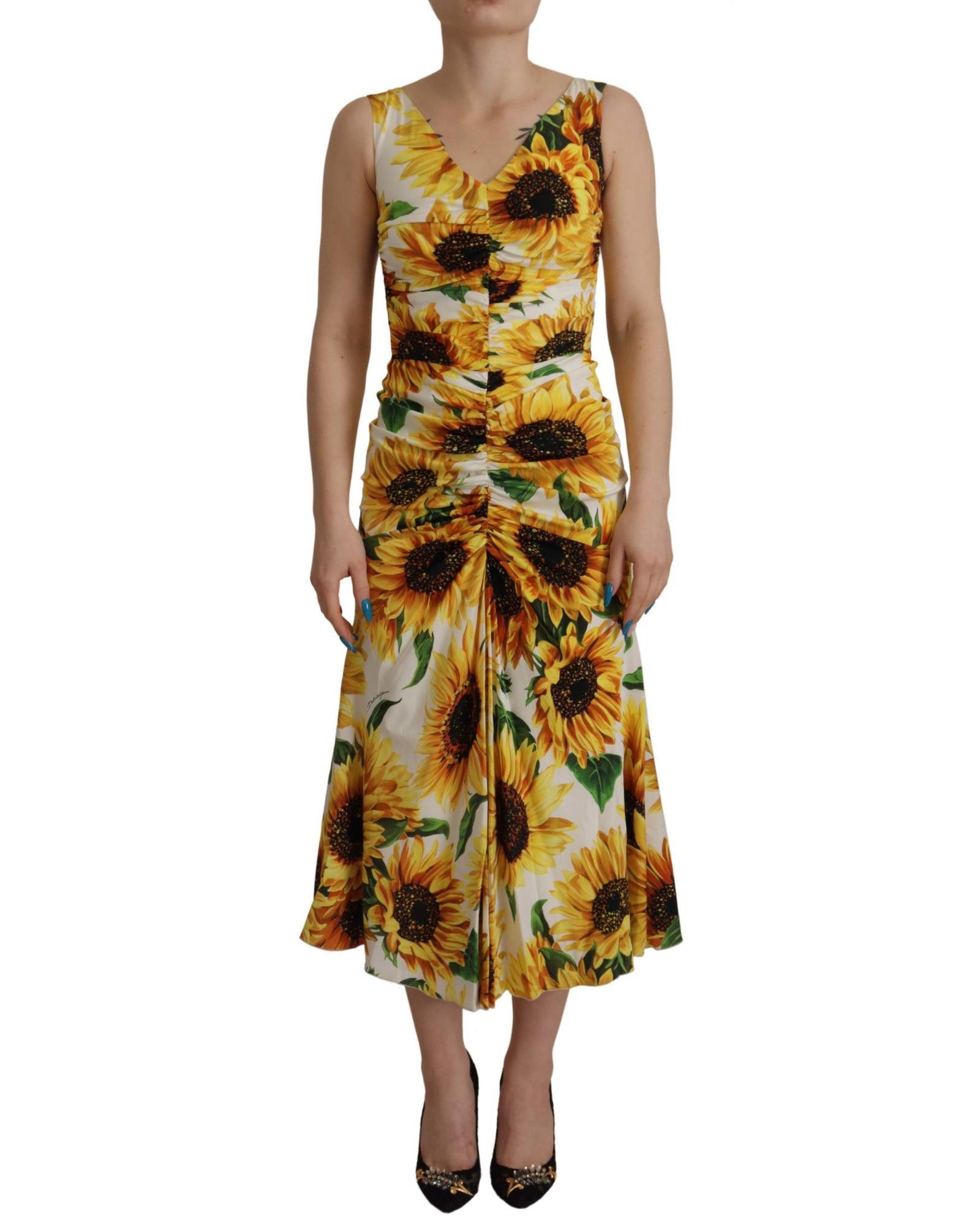 image of Dolce Gabbana Sunflower Print Sheath Midi Silk Dress in White, Women's (Size XS)