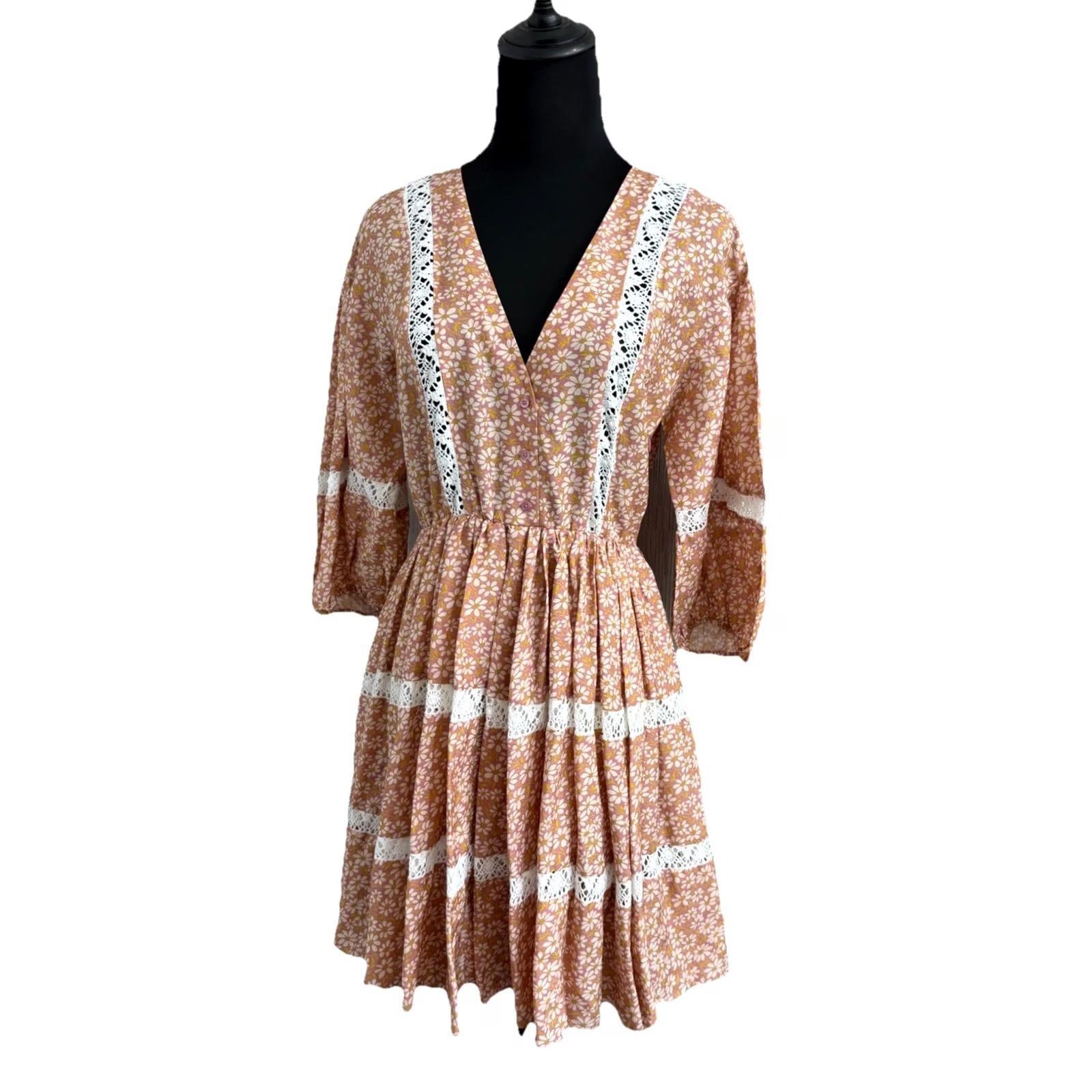 Maje Maje Rayanik Mini Dress Pink Floral Print Linen Blend 36 Midi Dress Women Vintage Floral Lace Pleated Girls Mens Size XS / US 0-2 / IT 36-38 - 5 Thumbnail