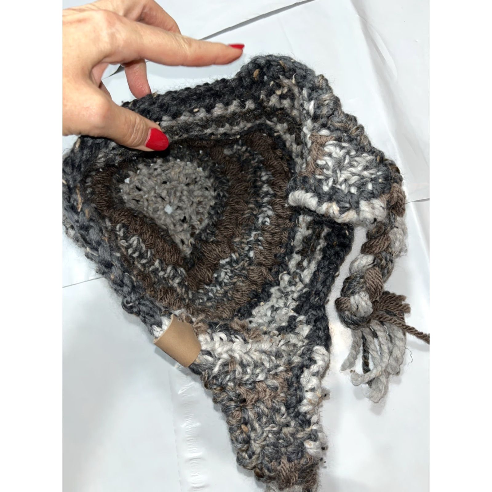 Off The Hook Off The Hook By Jen Womens Hat One Size Gray Tan White Chunky Knit Hand Made Winter Braided Hang Ties OS warm Size ONE SIZE - 6 Thumbnail