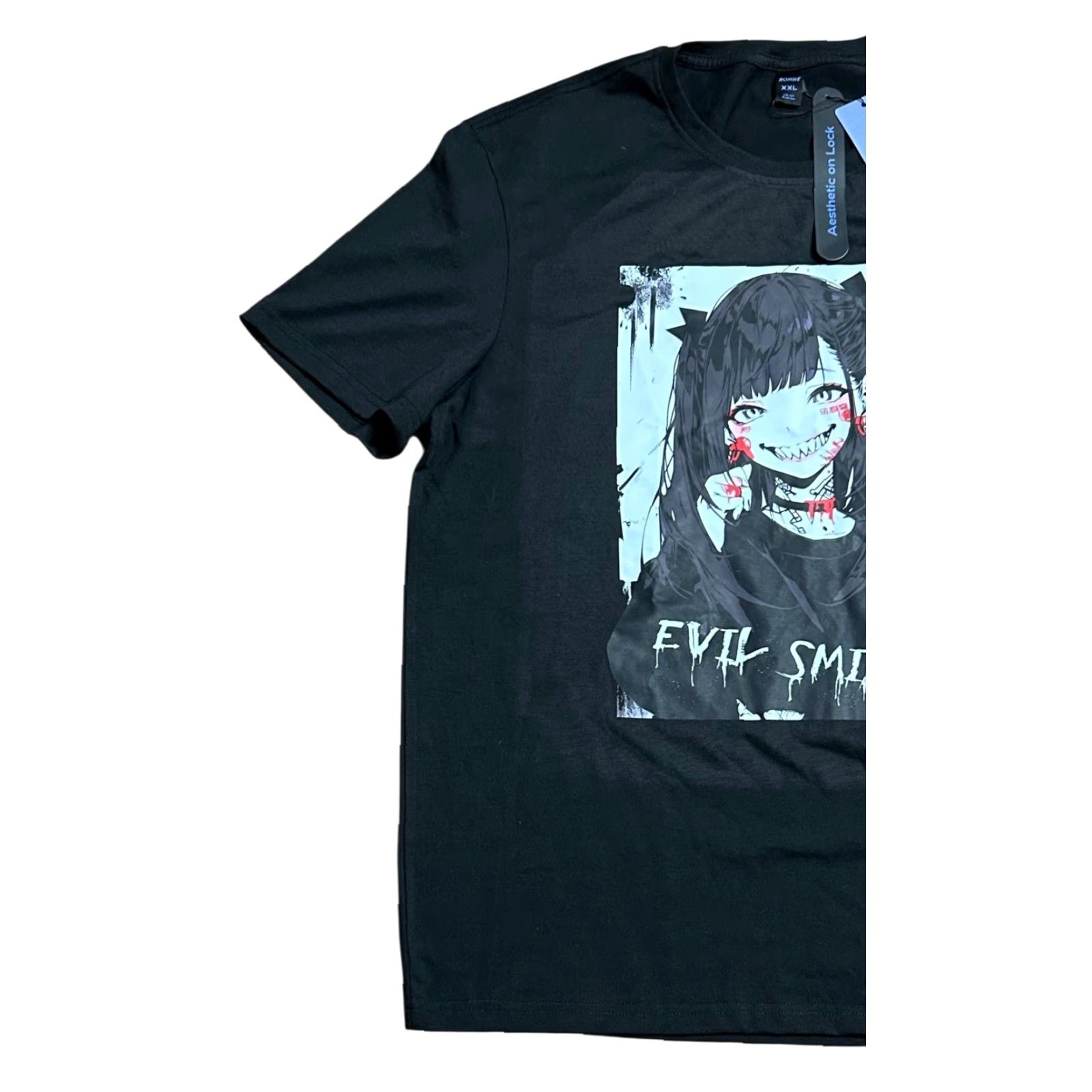 Vintage ROMWE Men's Black Evil Smile Girl Graphic Print Shirt Sz 2XL NWT Anime Shirt Men Short Sleeve Graphic Print Shirt Black Mens 2XL Anime Size US XXL / EU 58 / 5 - 3 Thumbnail
