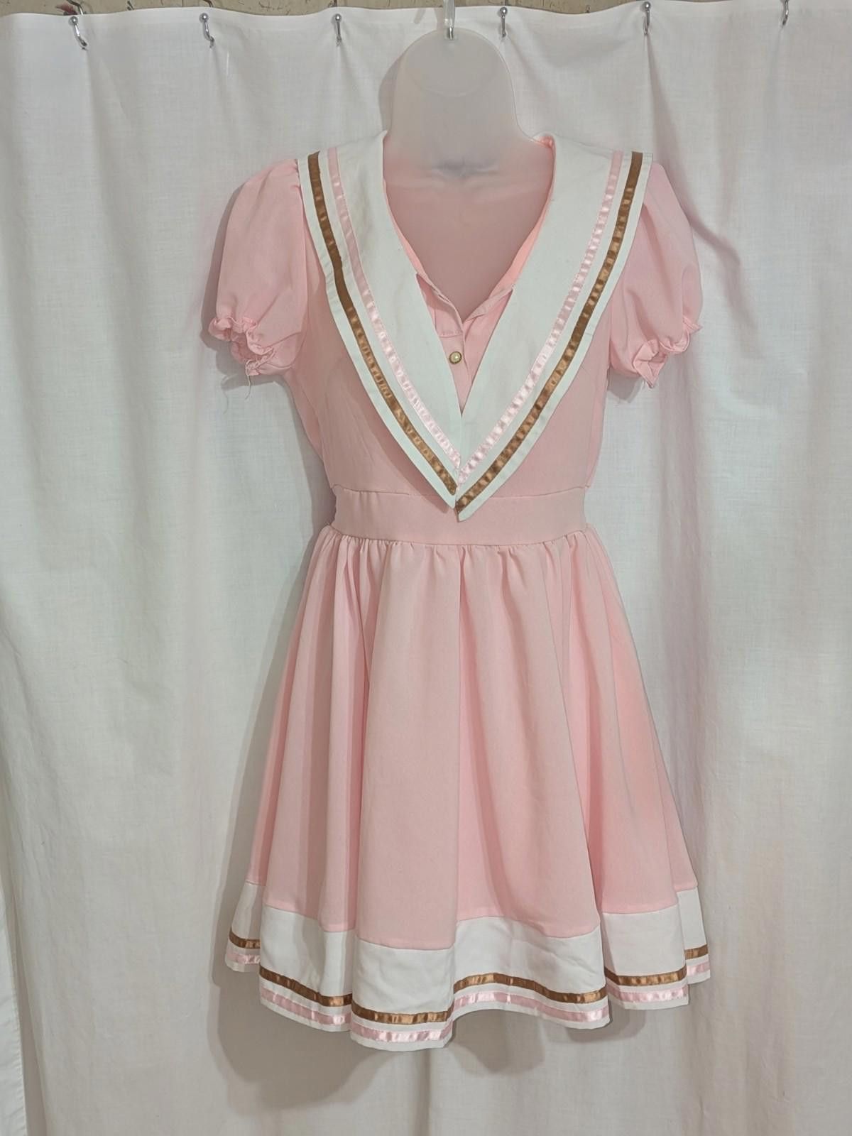 VTG Y2K Kawaii Pink Sailor Collar Navy Puff Sleeve Dress
