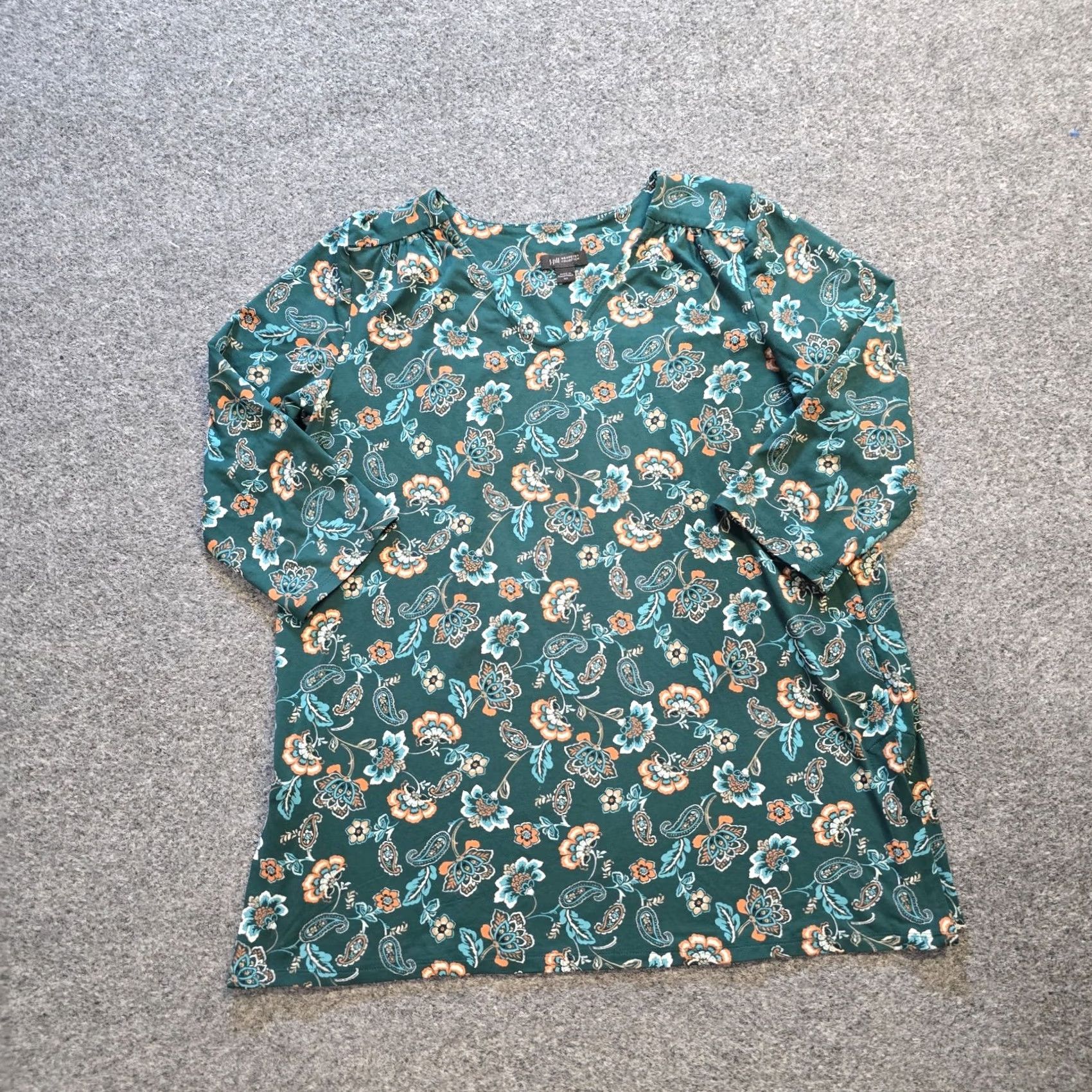 J. Jill J Jill Top Womens XS Green Floral Tunic Long Sleeve V Neck Wearever Casual Shirt Size XS / US 0-2 / IT 36-38 - 2 Thumbnail