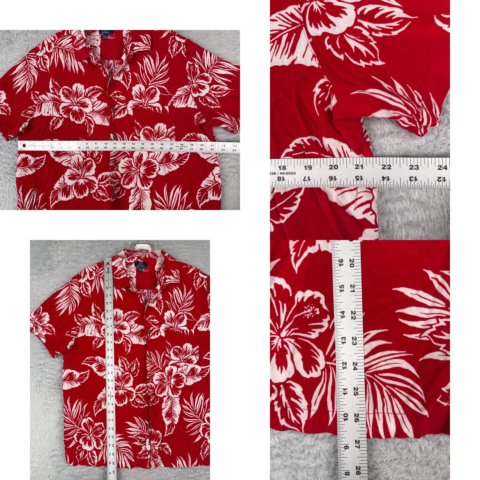 George George Shirt Adult Large Red White Floral Palm Button Up Hawaiian 100% Rayon Size US L / EU 52-54 / 3 - 8 Thumbnail