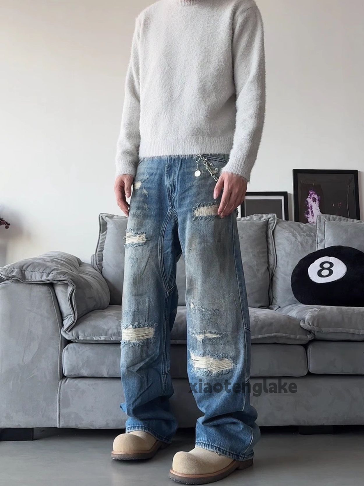 Unisex punk grunge loose baggy stain paint ripped jeans