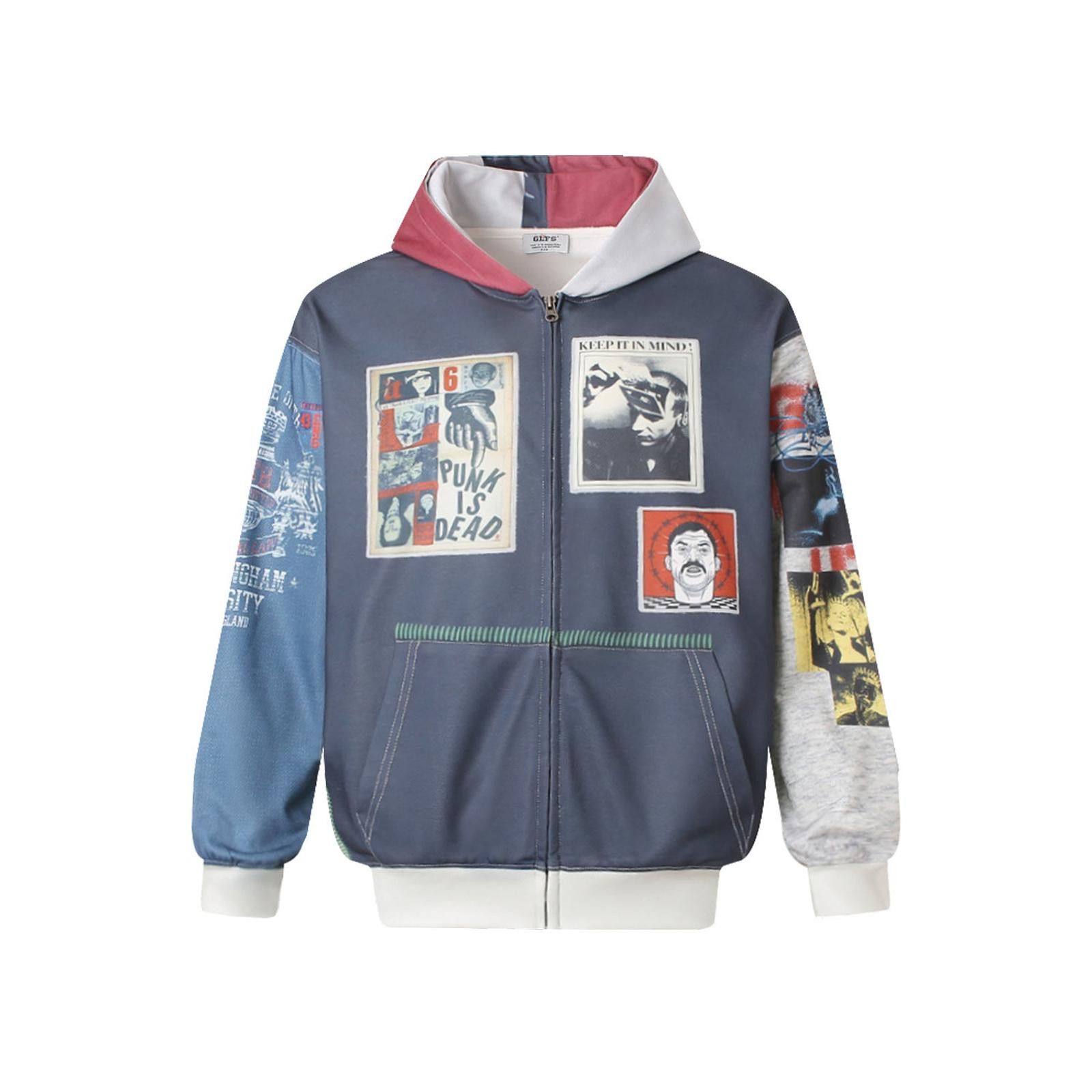 Japanese Brand Blue Multi-Print Zip-Up Hoodie, Casual Streetwear Hoodie Size US M / EU 48-50 / 2 - 4 Thumbnail