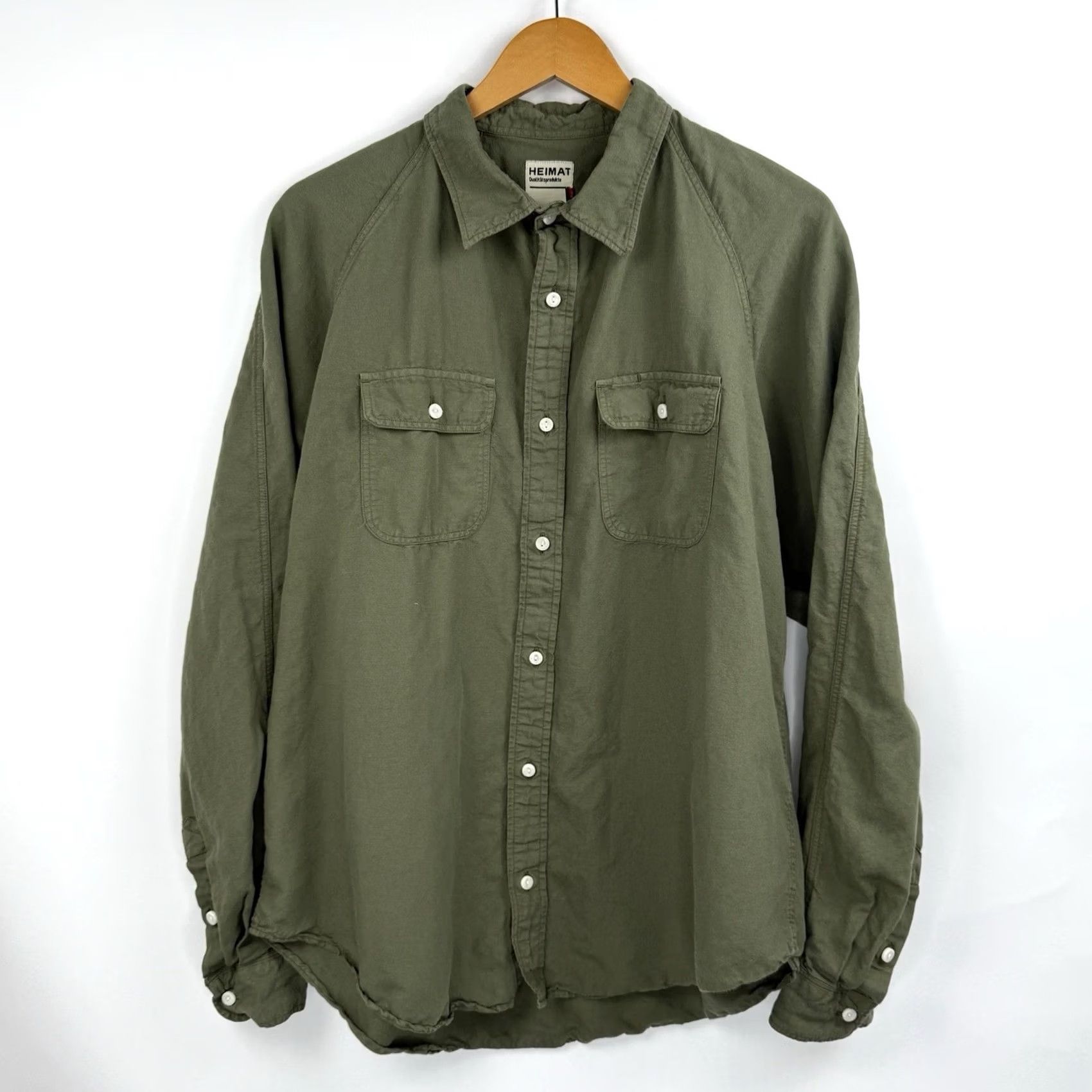 Vintage Heimat Textil Shirt Button-Up XL 52 Mens Green Cotton Hemp Long Sleeve Army Casual Training Size US XL / EU 56 / 4 - 2 Thumbnail