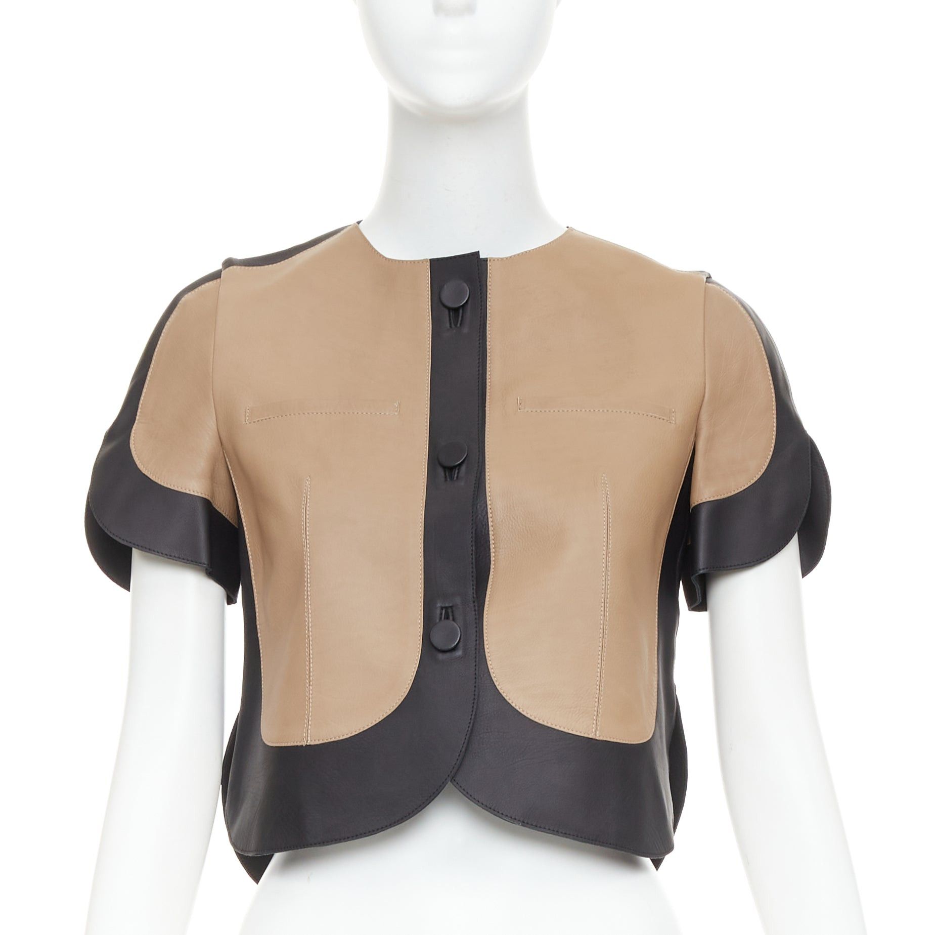 Marni MARNI tan black calf leather curved panel petal sleeves cropped jacket IT38 XS Size XS / US 0-2 / IT 36-38 - 1 Thumbnail