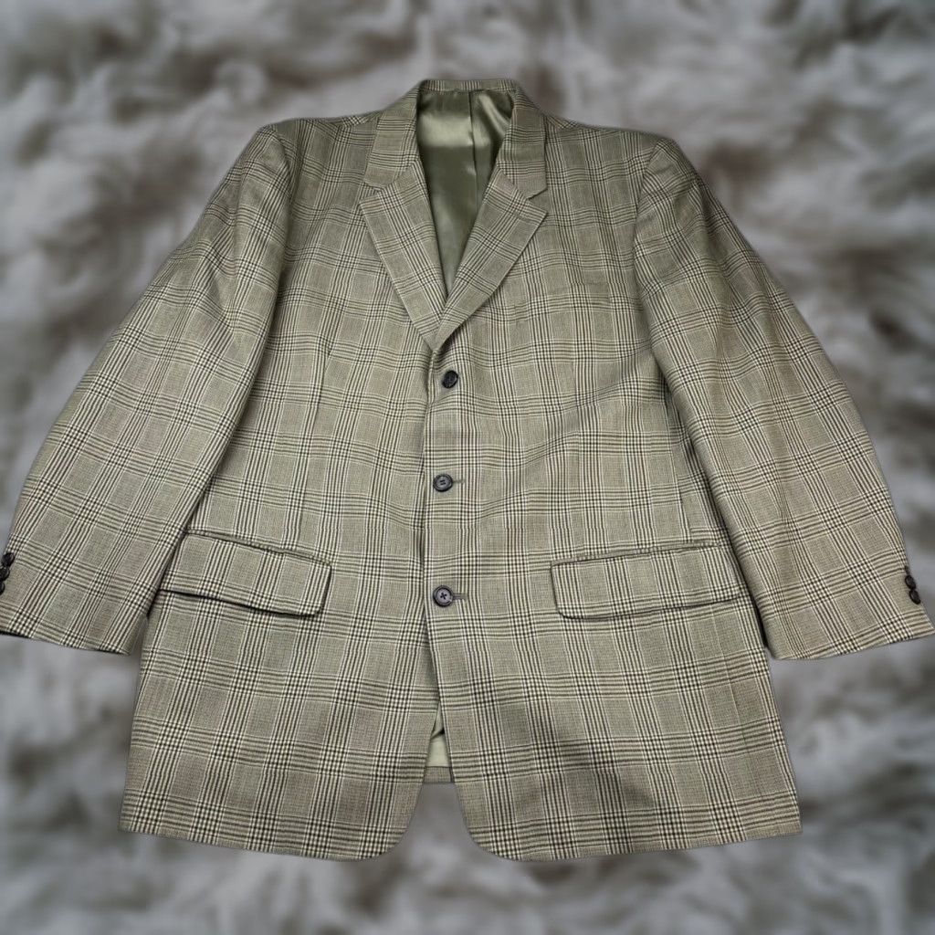 J.Crew VINTAGE/J.Crew Men’s 100% Wool Blazer/Jacket Beige Green Navy Plaid 44L USA Long Navy Notch Lapel 3-Button Regular Mens Size 44R - 1 Thumbnail