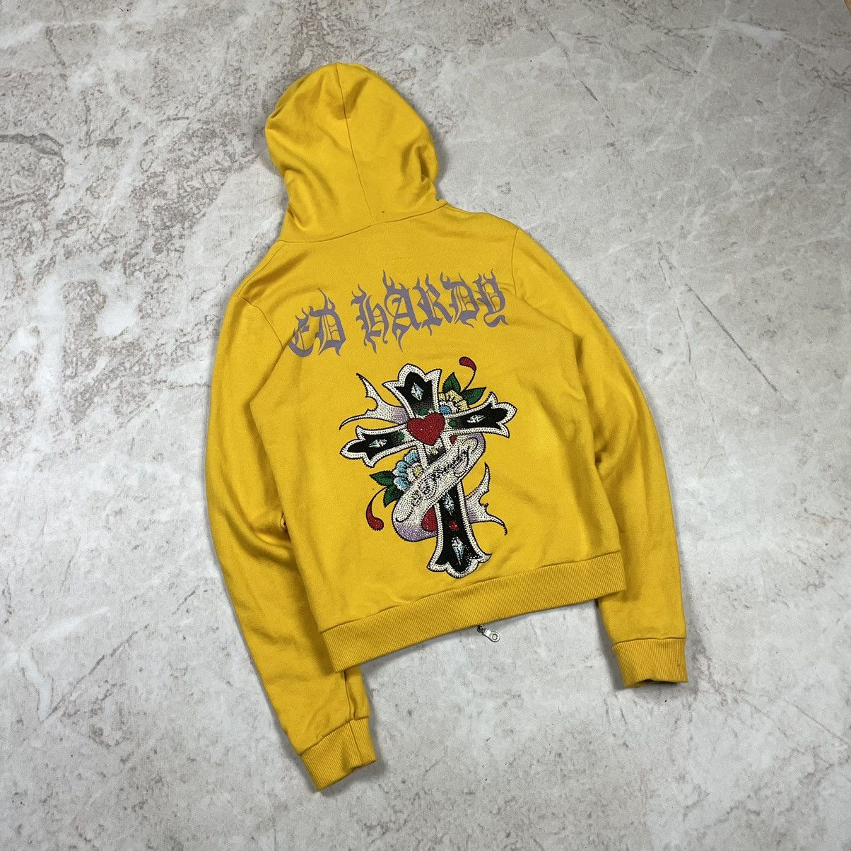 Ed Hardy × Vintage Vintage Ed Hardy Cross Rhinestones Y2K Zip Hoodie Size S / US 4 / IT 40 - 2 Thumbnail