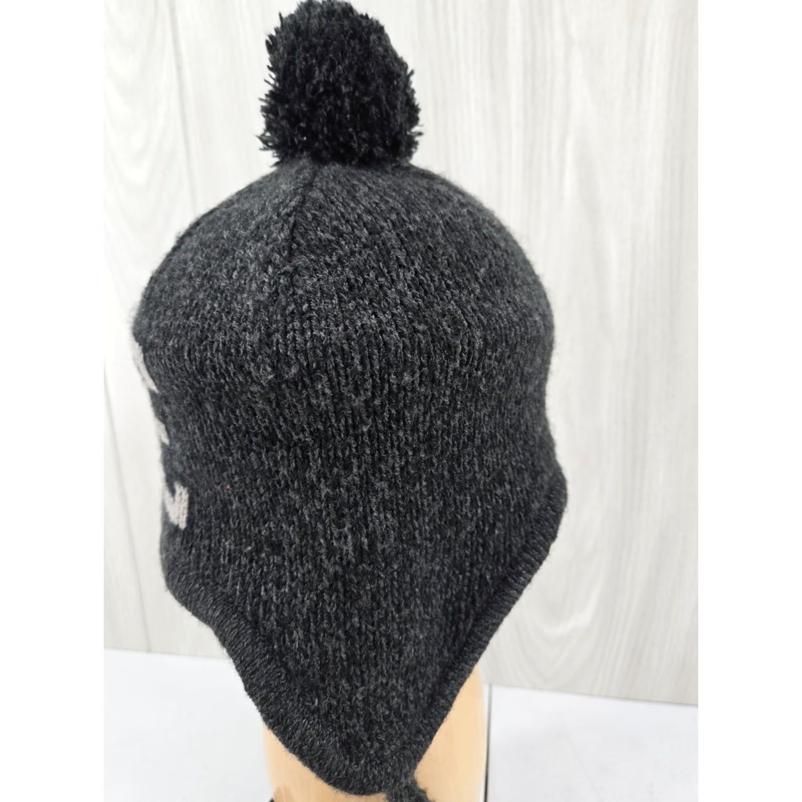American Eagle Outfitters Y2K American Eagle AE Knit Beanie Hat Pom Pom Tassels Trapper Style Black Gray Unisex Adults One Size Beanie Winter Fall Logo Embroidered Tassled Size ONE SIZE - 5 Thumbnail