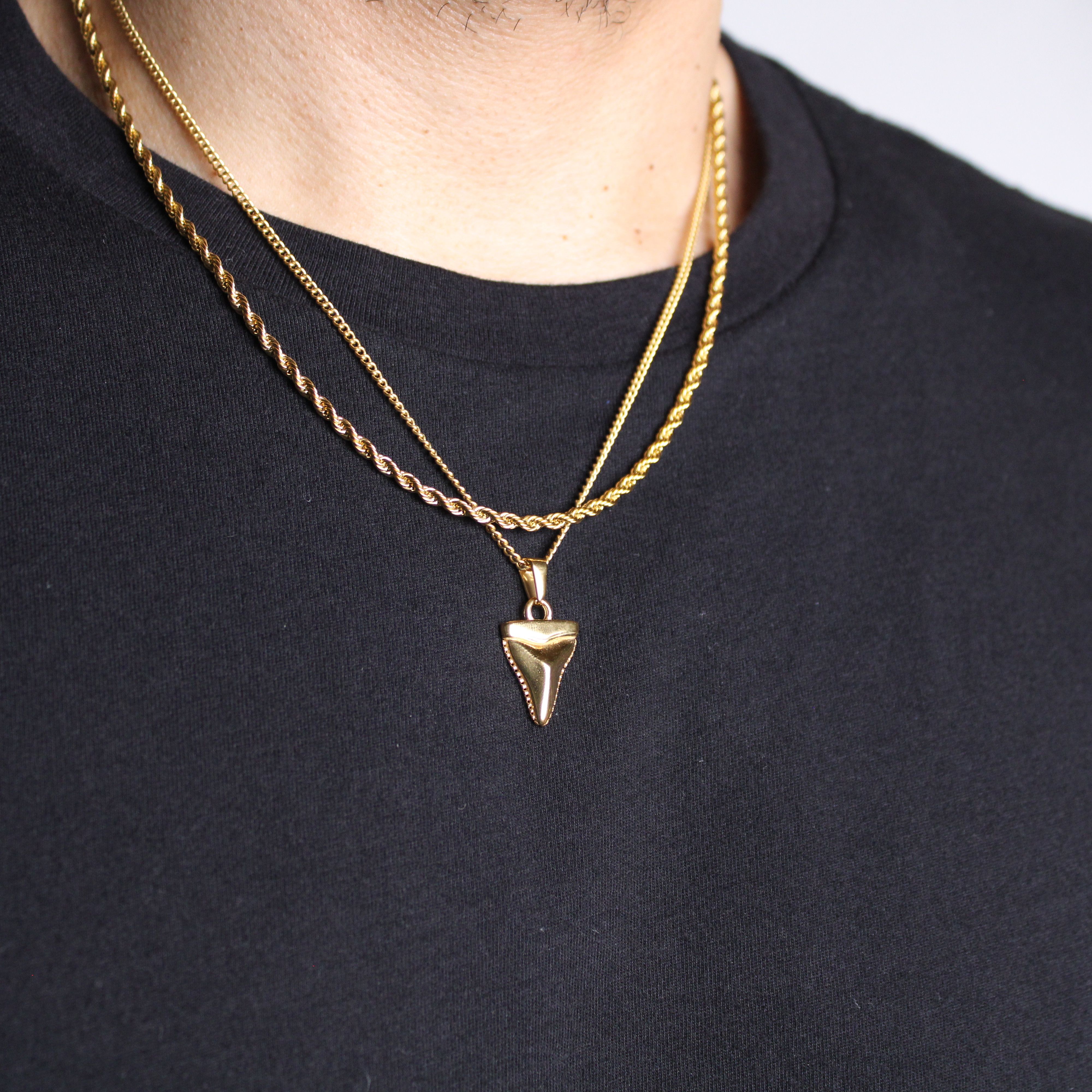 Jewelry Gold Shark Tooth Pendant Necklace & 3mm Rope Chain Set Size ONE SIZE - 3 Thumbnail