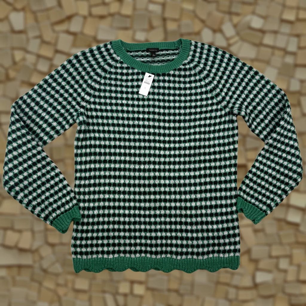 Talbots Talbots Crewneck Pullover Sweater S Women Green Geometric Jacquard Knit Lightweight Holiday Scallop Hem Regular Size Small NWT Size S / US 4 / IT 40 - 1 Thumbnail