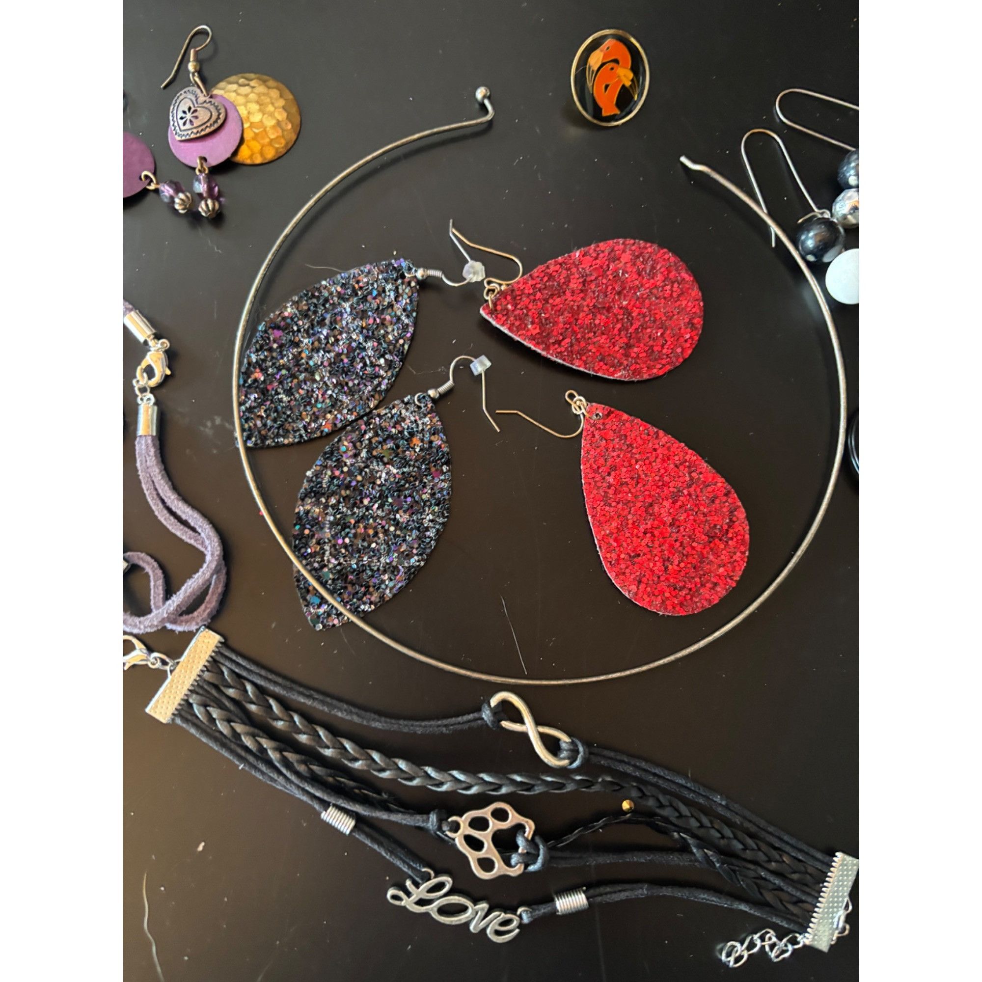 Mixed Jewelry Lot: Earrings Necklace & Keychain Accessories in Red, Women's