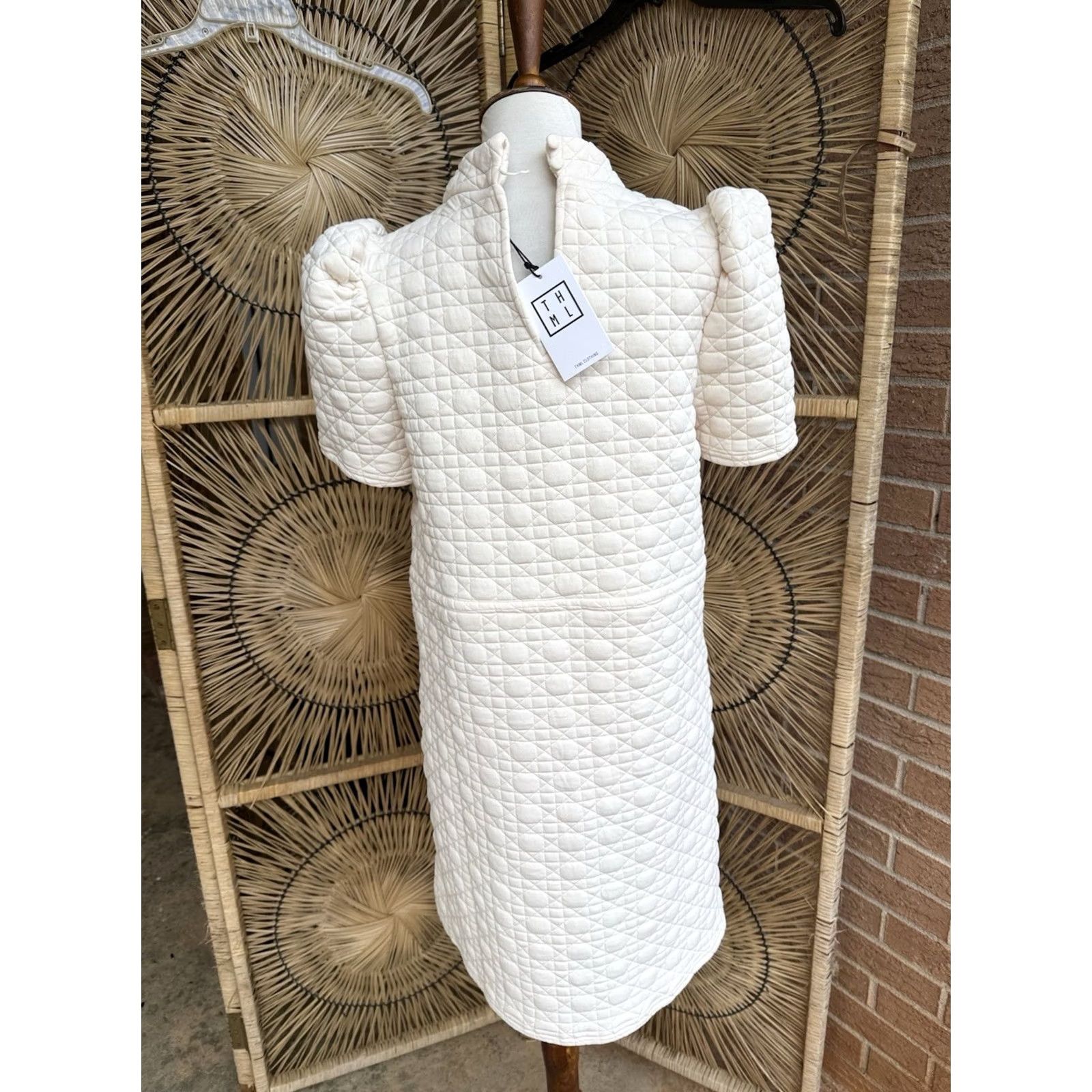 Vintage THML Quilted Dress Womens Small Ivory Puff Sleeve Mini Cottagecore Textured Size S / US 4 / IT 40 - 3 Thumbnail