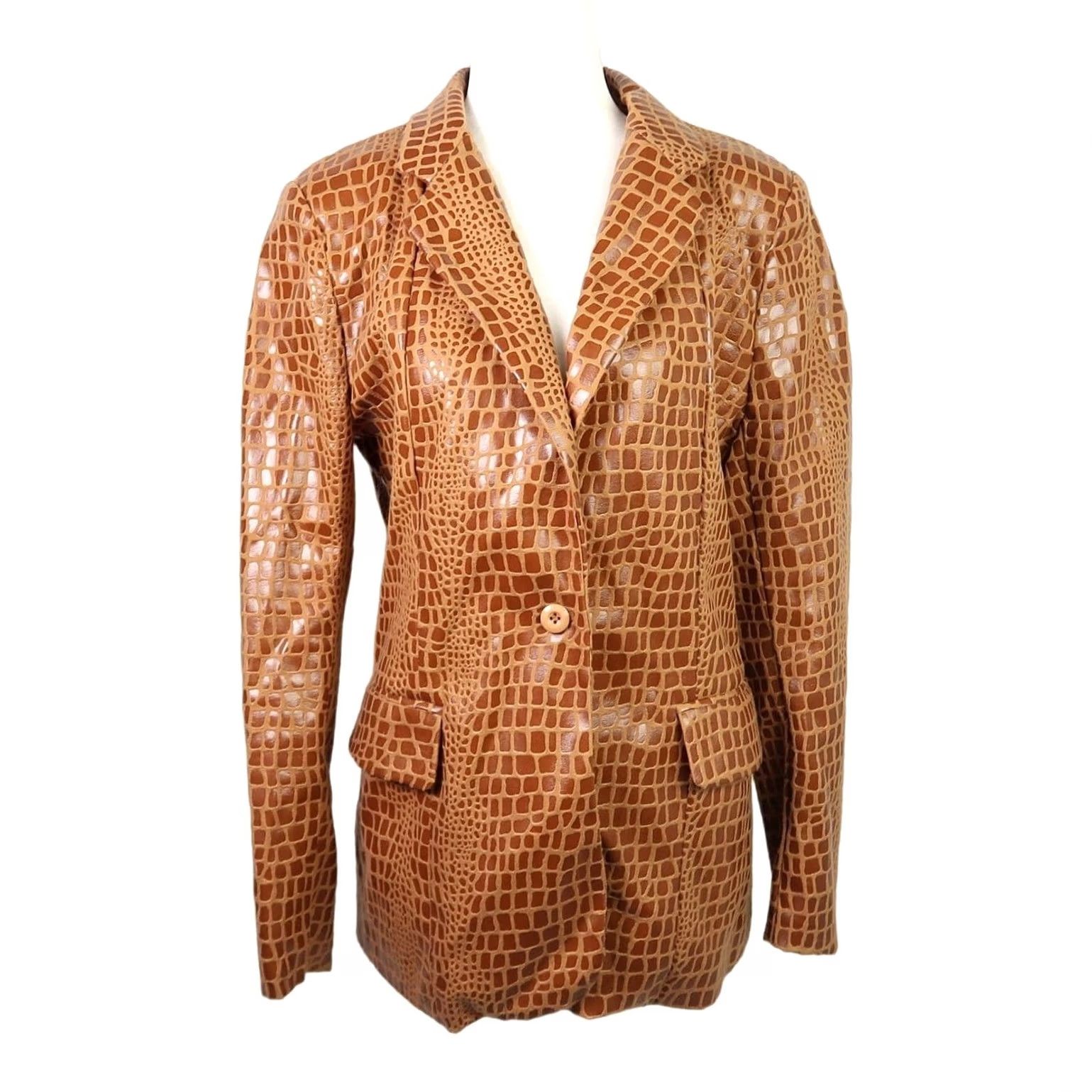 Vintage VINTAGE 90s Selene cognac brown faux patent leather giraffe print blazer M (Regular) Women/Mens Casual Blazer Size M / US 6-8 / IT 42-44 - 2 Thumbnail