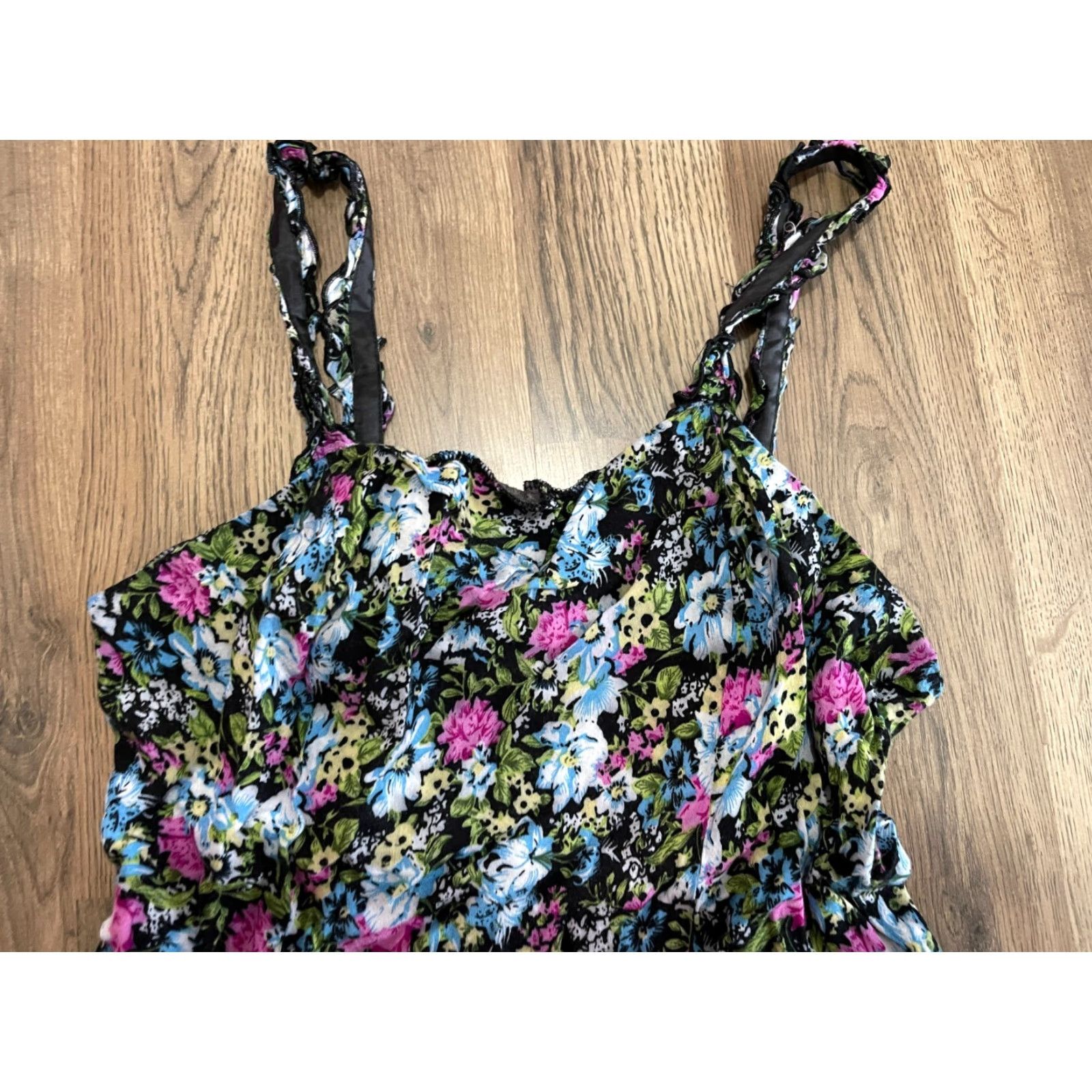 Vintage Karin Stevens Dress, Womens 10, Floral, A-Line, Spaghetti Strap, Sleeveless, Casual, Pink, Black Blue, 10, Regular, Women, Flower, Dress Size L / US 10 / IT 46 - 4 Thumbnail